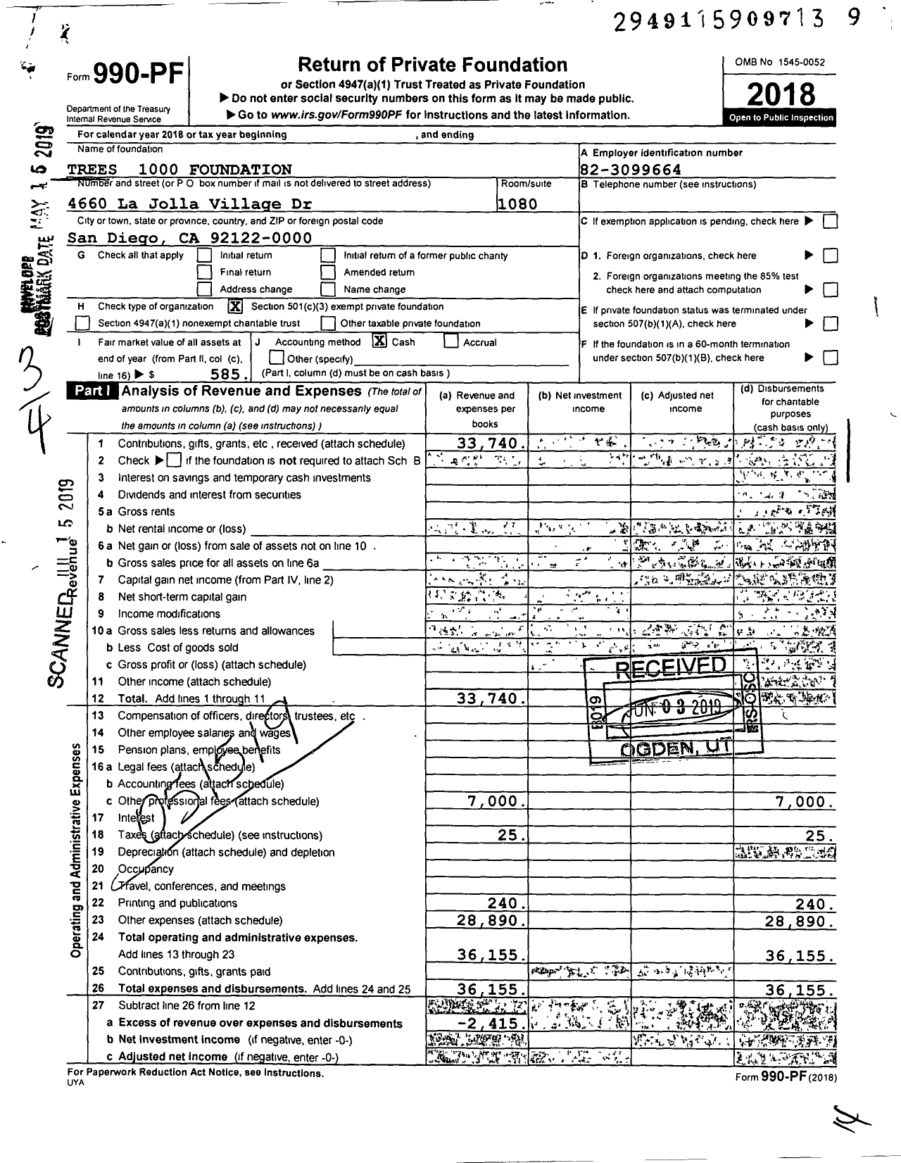 Image of first page of 2018 Form 990PF for Trees 1000 Foundation