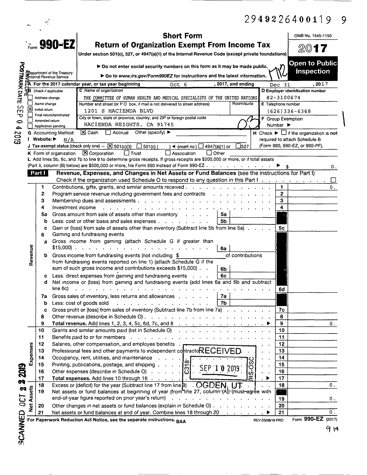 Image of first page of 2017 Form 990EZ for Commettee of Human Health and Medical Specialists of the United Nations