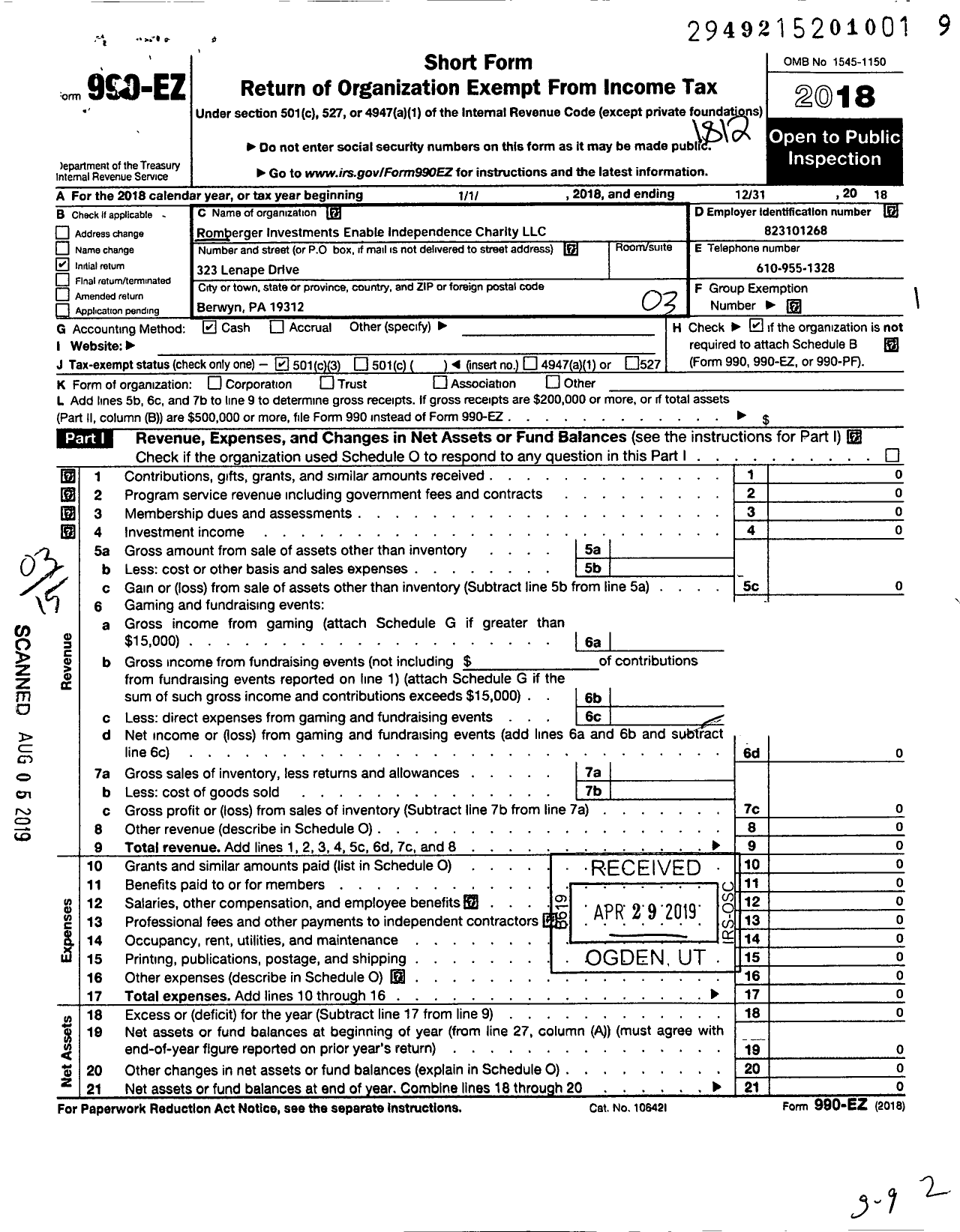 Image of first page of 2018 Form 990EZ for Romberger Investments Enable Independence Charity LLC