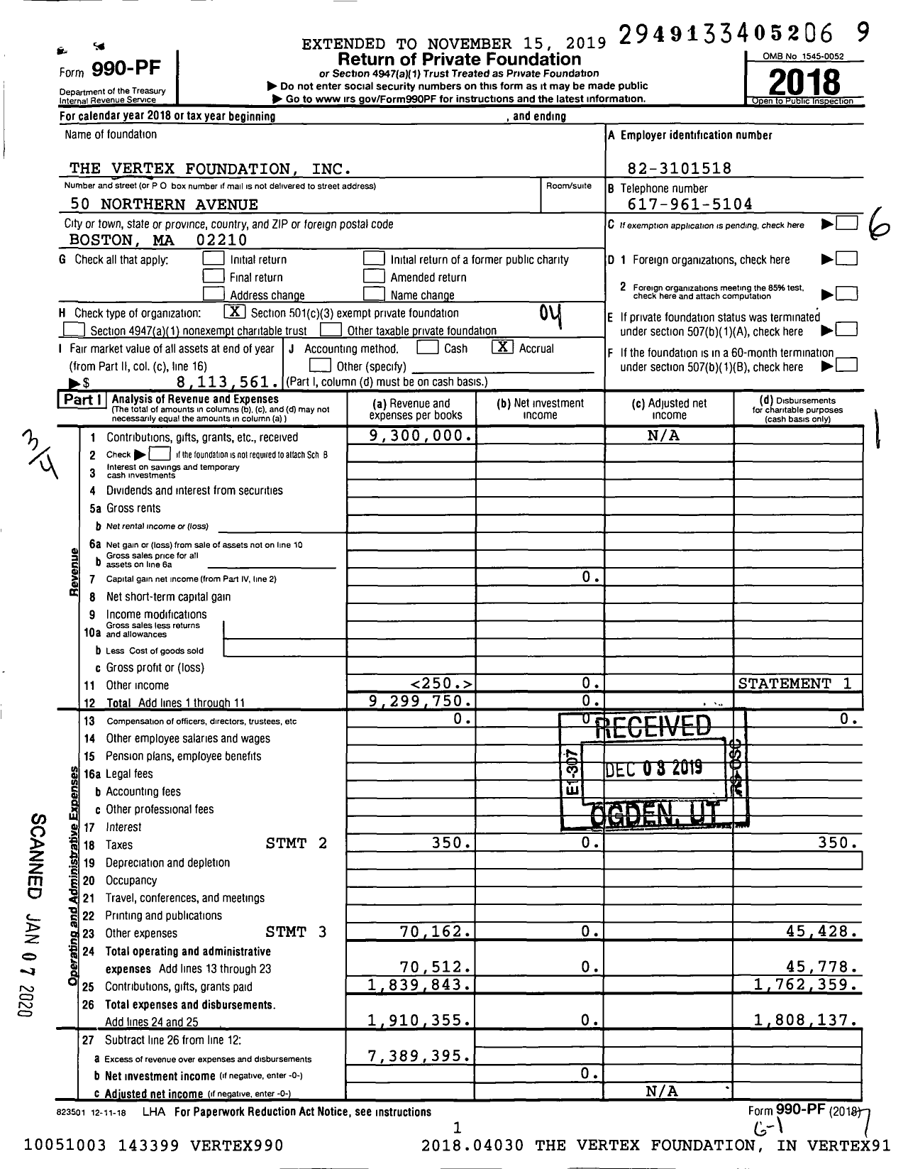 Image of first page of 2018 Form 990PF for The Vertex Foundation