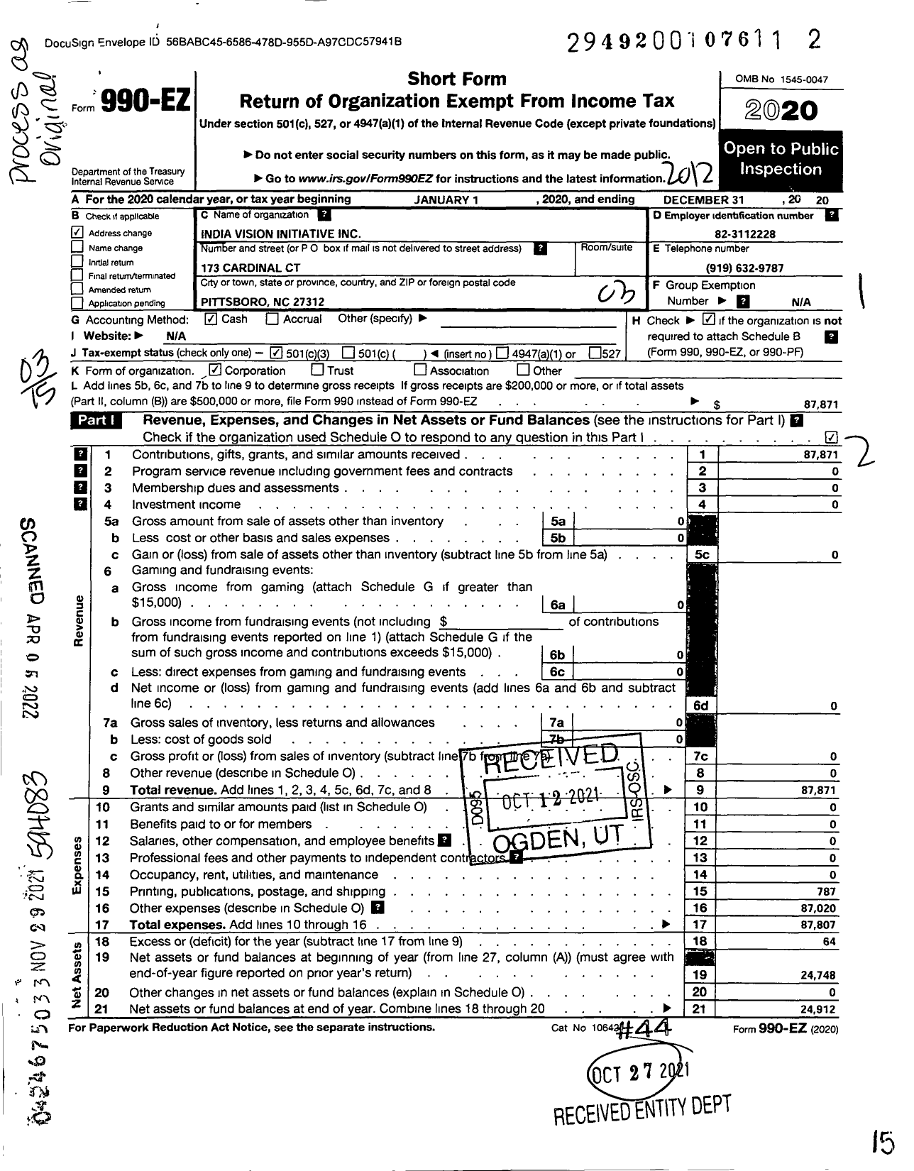 Image of first page of 2020 Form 990EZ for India Vision Initiative