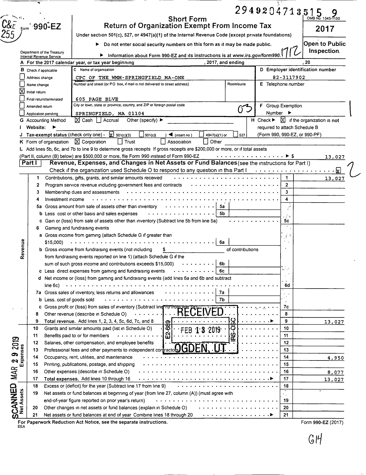 Image of first page of 2017 Form 990EZ for CPC of the Wmm-Springfield Ma-One