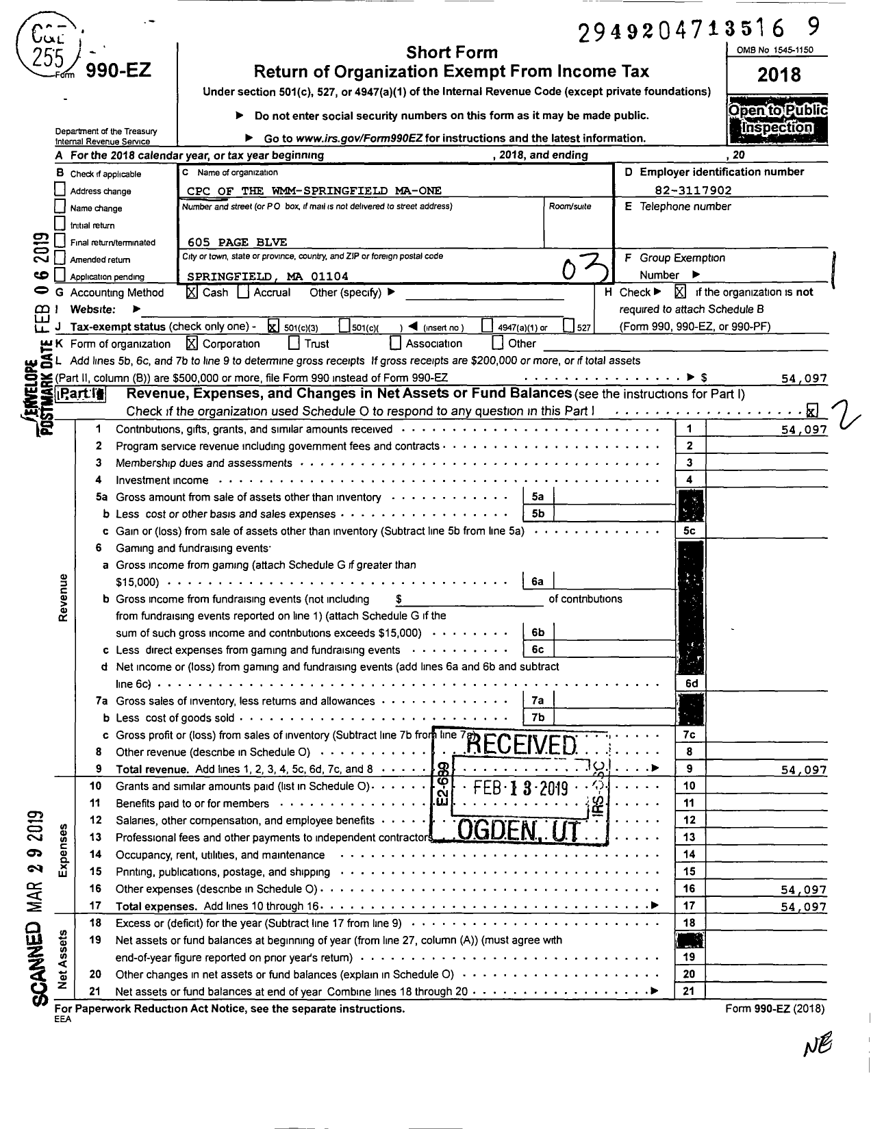 Image of first page of 2018 Form 990EZ for CPC of the Wmm-Springfield Ma-One