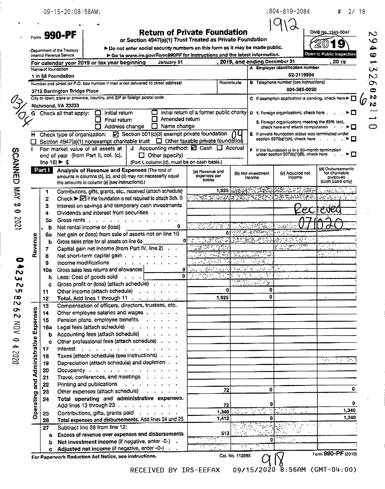 Image of first page of 2019 Form 990PF for 1 in 68 Foundation