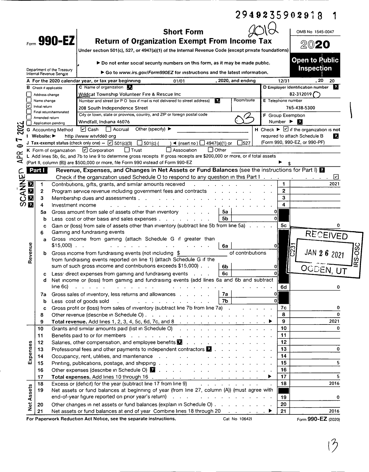 Image of first page of 2020 Form 990EZ for Wildcat Township Volunteer Fire and Rescue