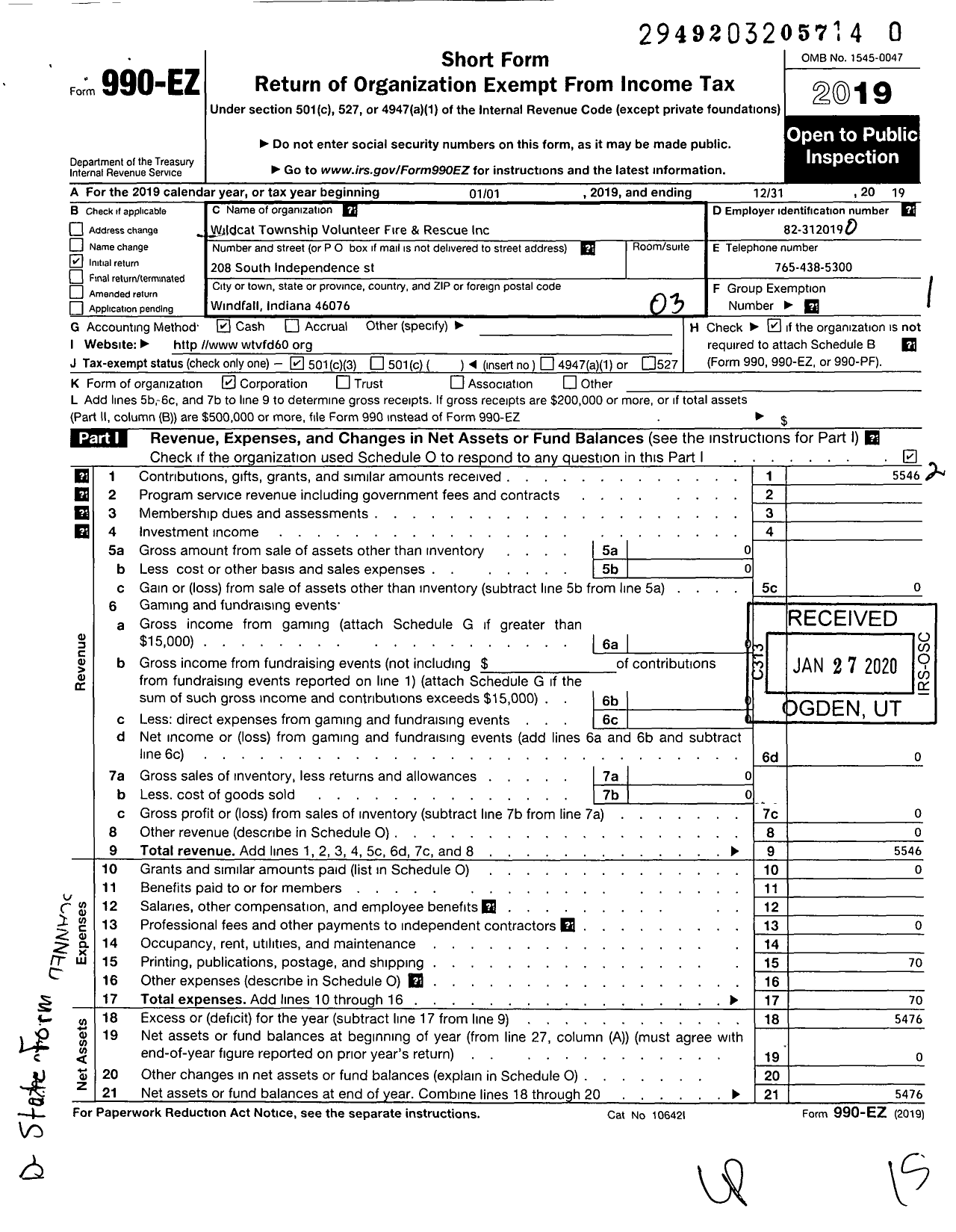 Image of first page of 2019 Form 990EZ for Wildcat Township Volunteer Fire and Rescue