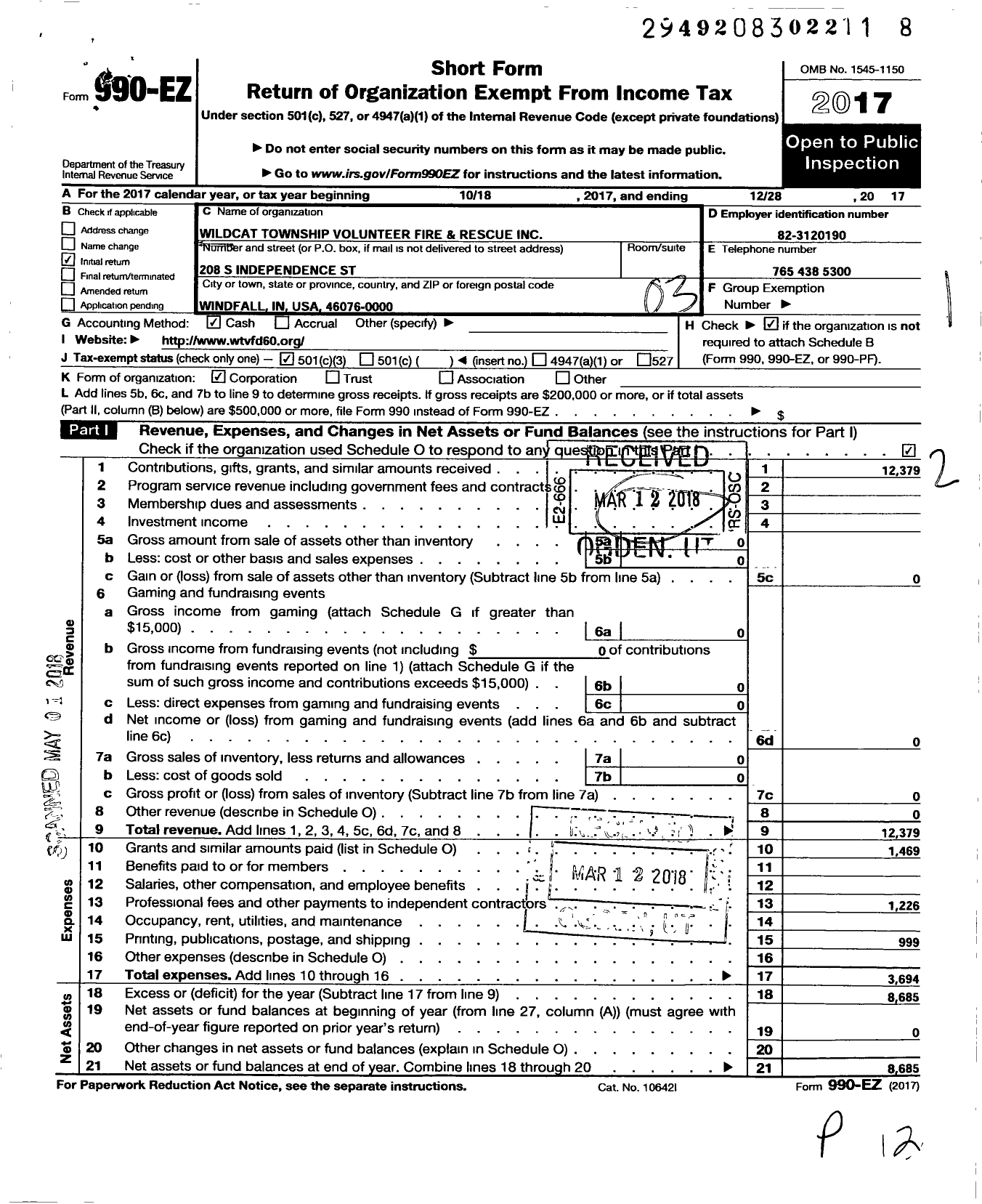 Image of first page of 2017 Form 990EZ for Wildcat Township Volunteer Fire and Rescue