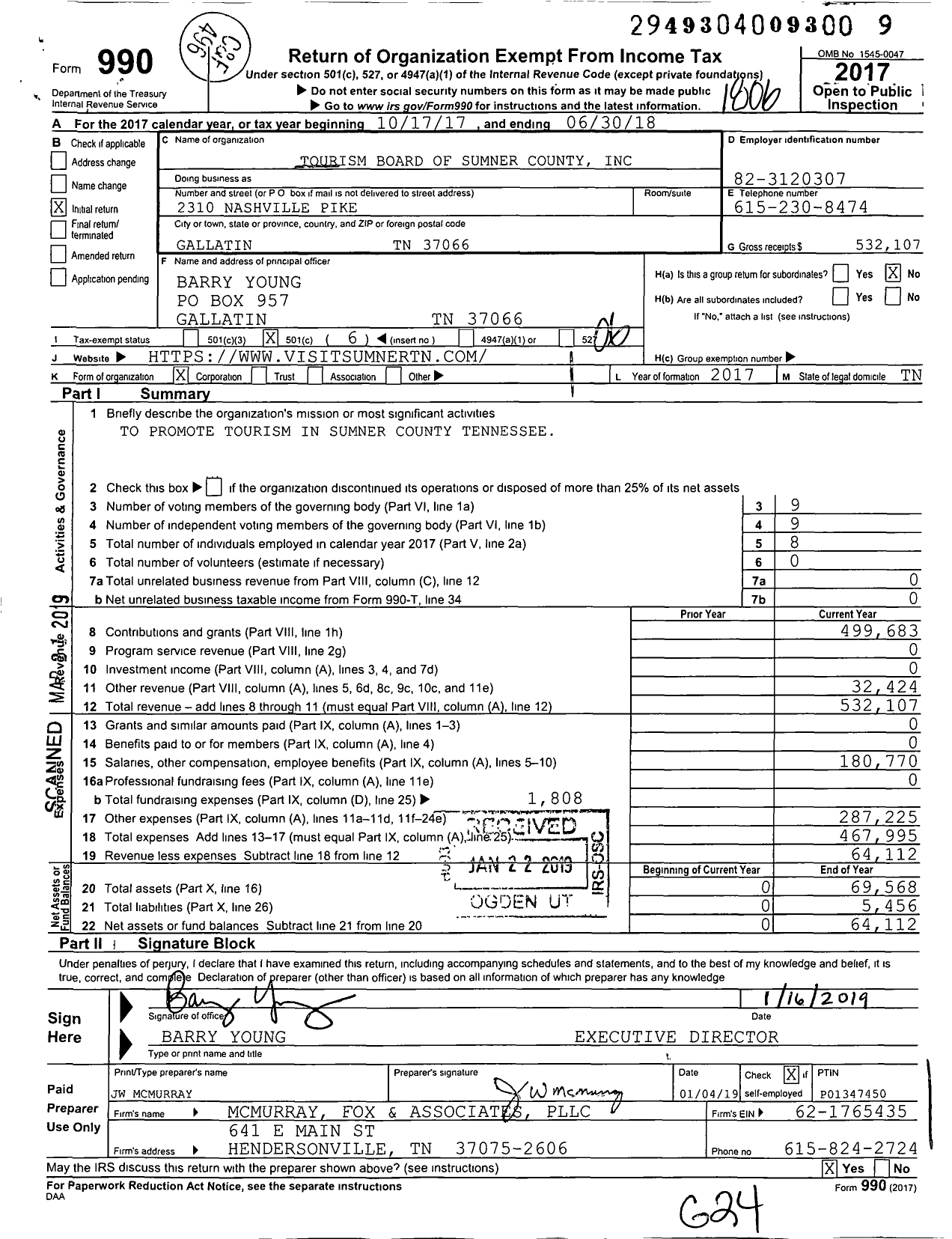 Image of first page of 2017 Form 990O for Tourism Board of Sumner County