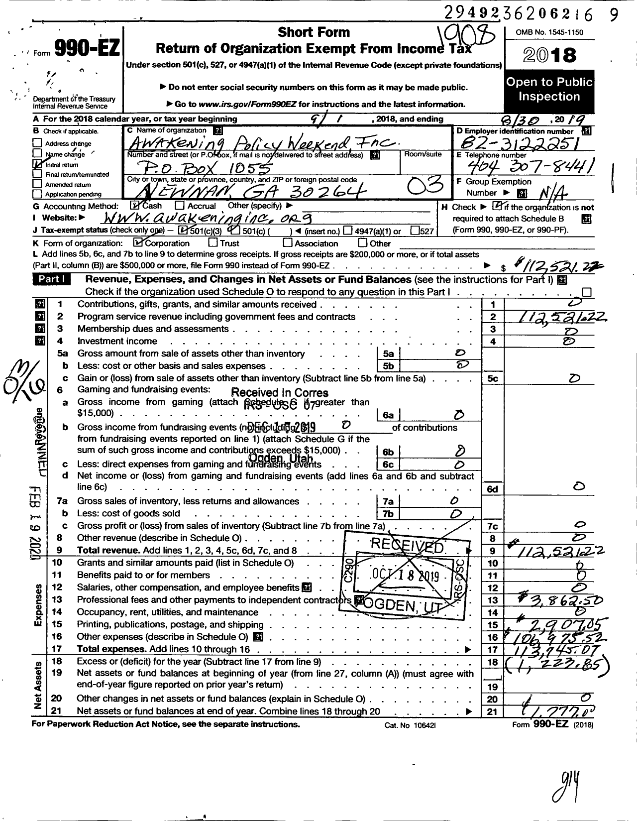 Image of first page of 2018 Form 990EZ for Awakening Policy Weekend