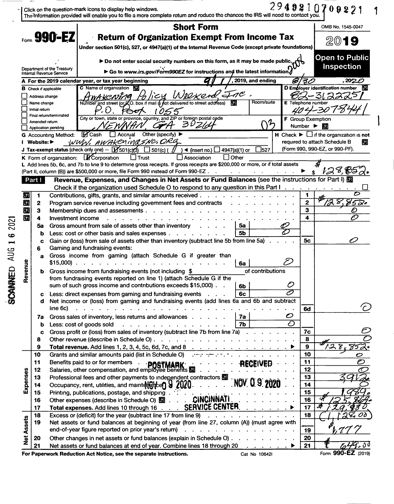 Image of first page of 2019 Form 990EZ for Awakening Policy Weekend