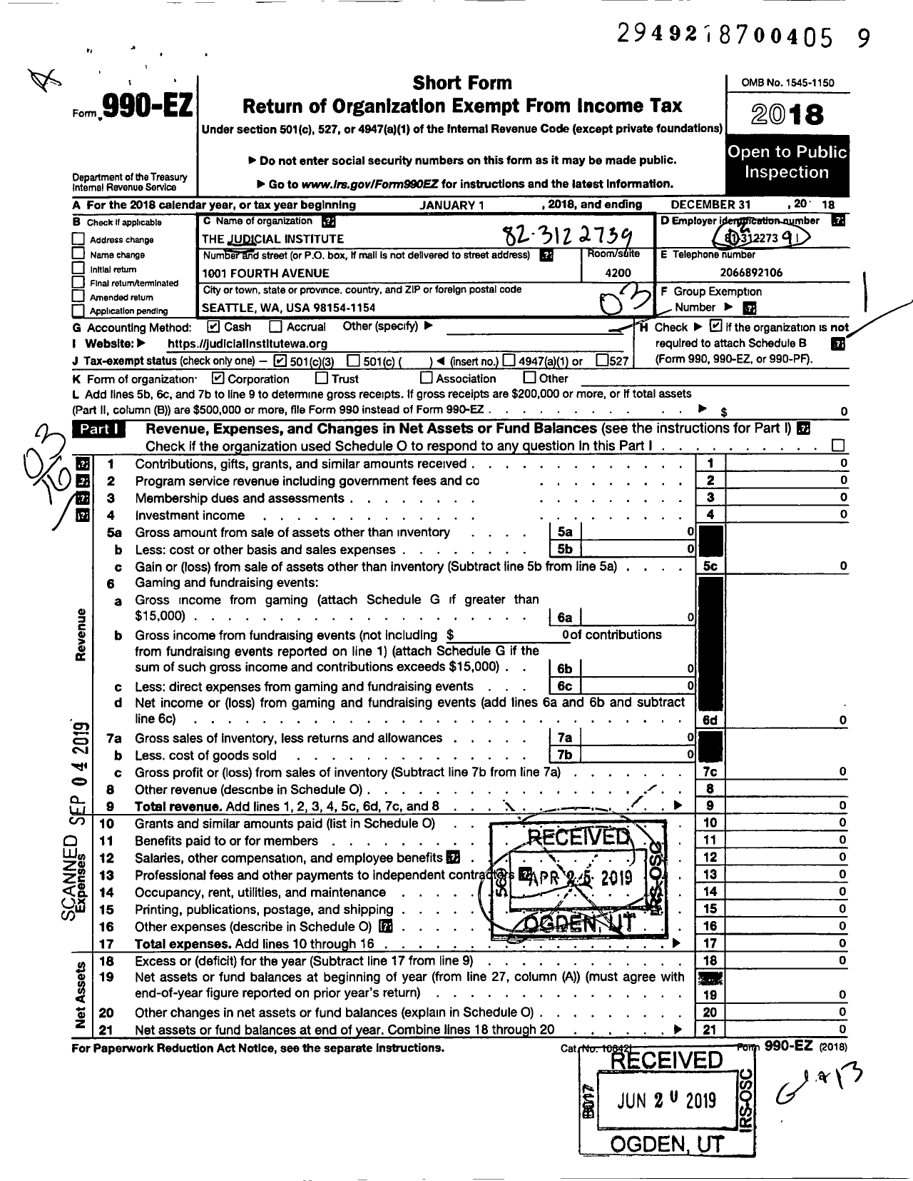 Image of first page of 2018 Form 990EZ for Judicial Institute