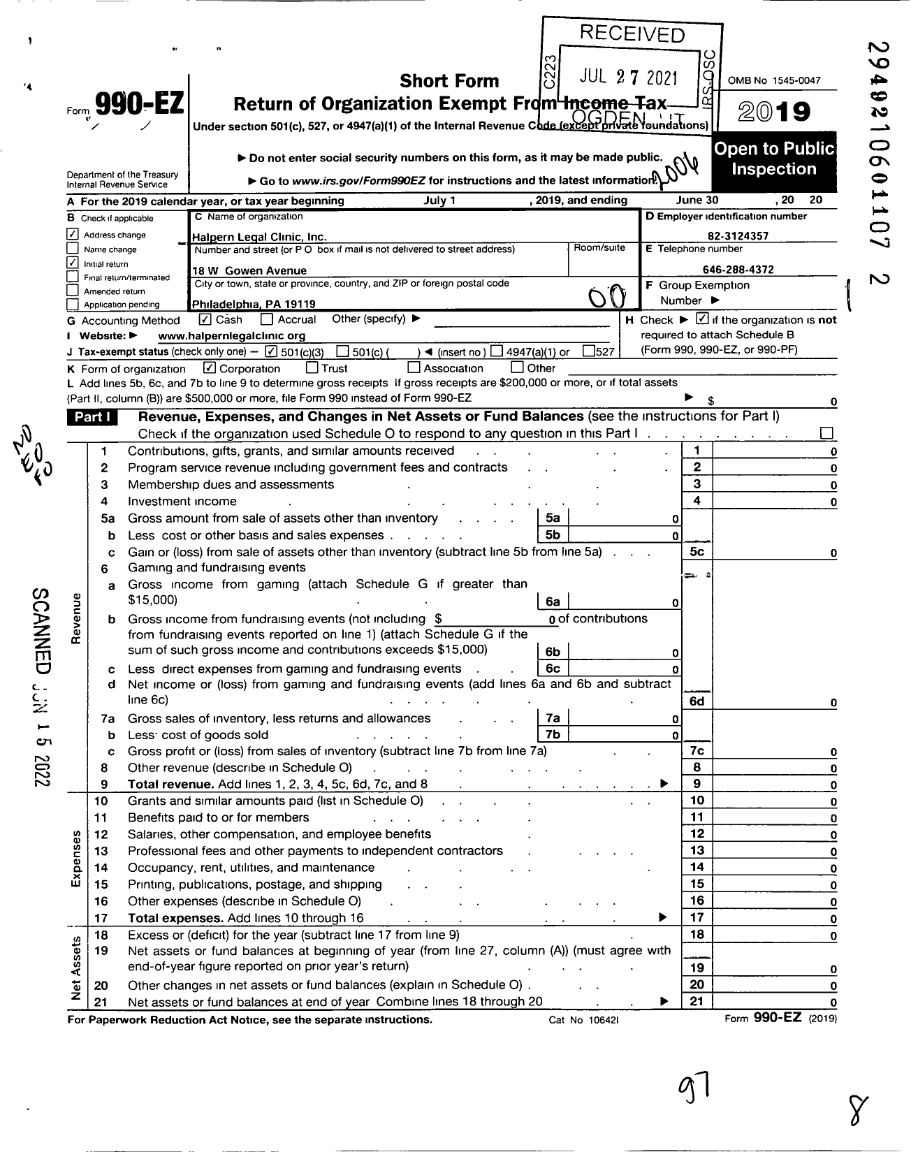 Image of first page of 2019 Form 990EO for Halpern Legal Clinic