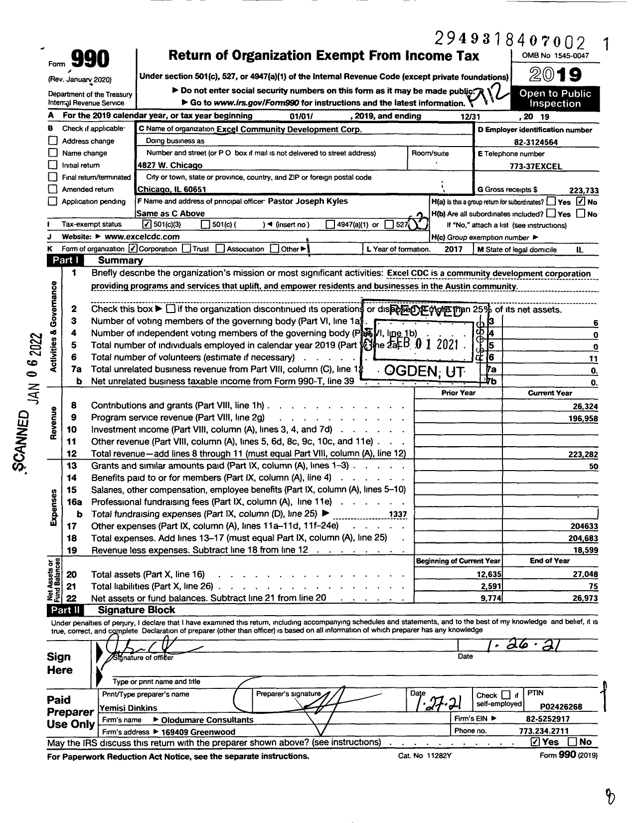 Image of first page of 2019 Form 990 for Excel Community Development Corporation