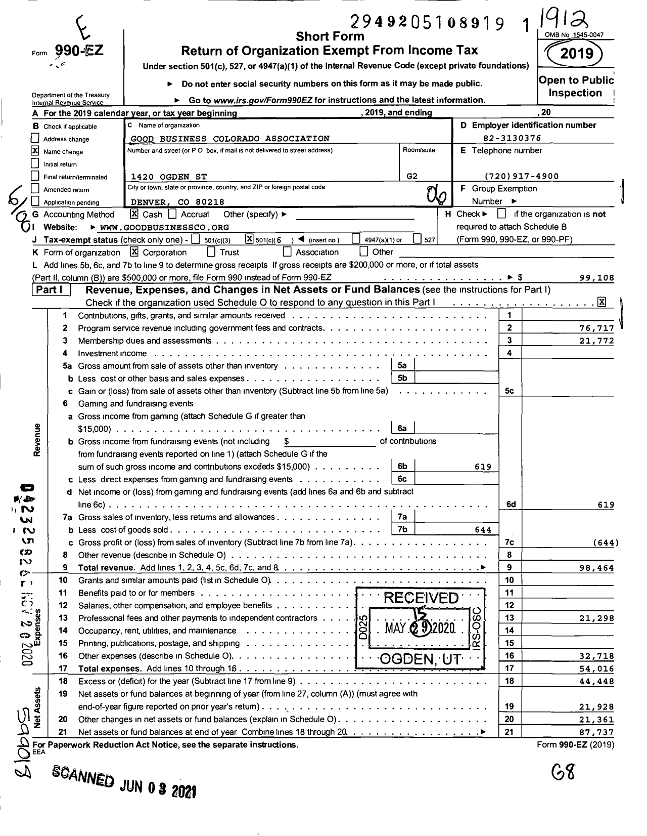 Image of first page of 2019 Form 990EO for Good Business Colorado Association