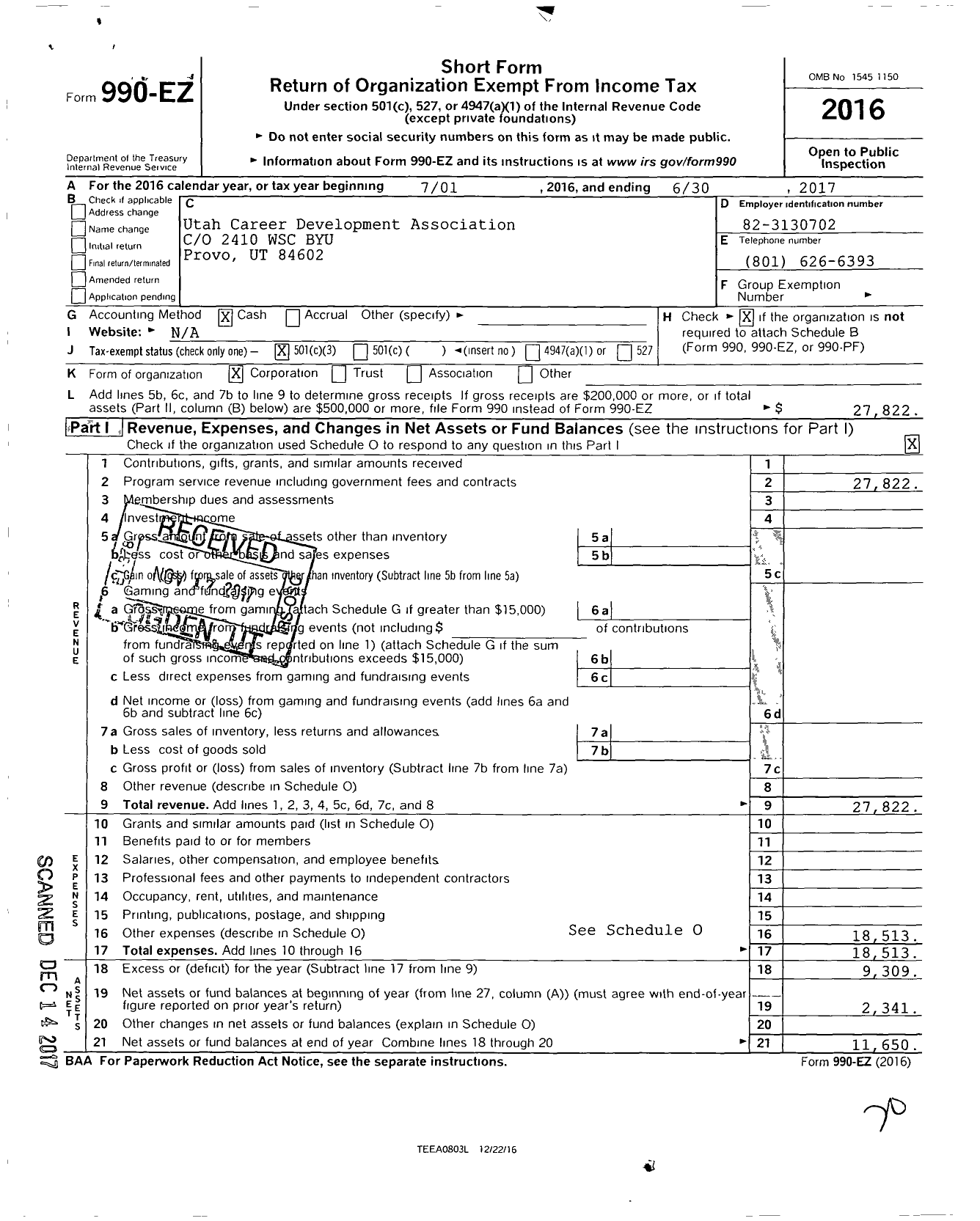 Image of first page of 2016 Form 990EZ for Utah Career Development Association