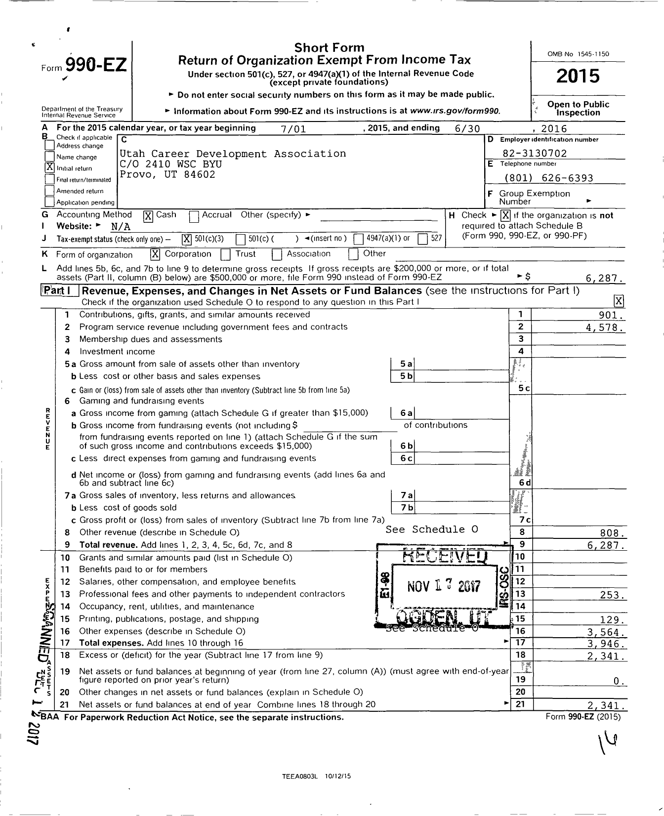 Image of first page of 2015 Form 990EZ for Utah Career Development Association