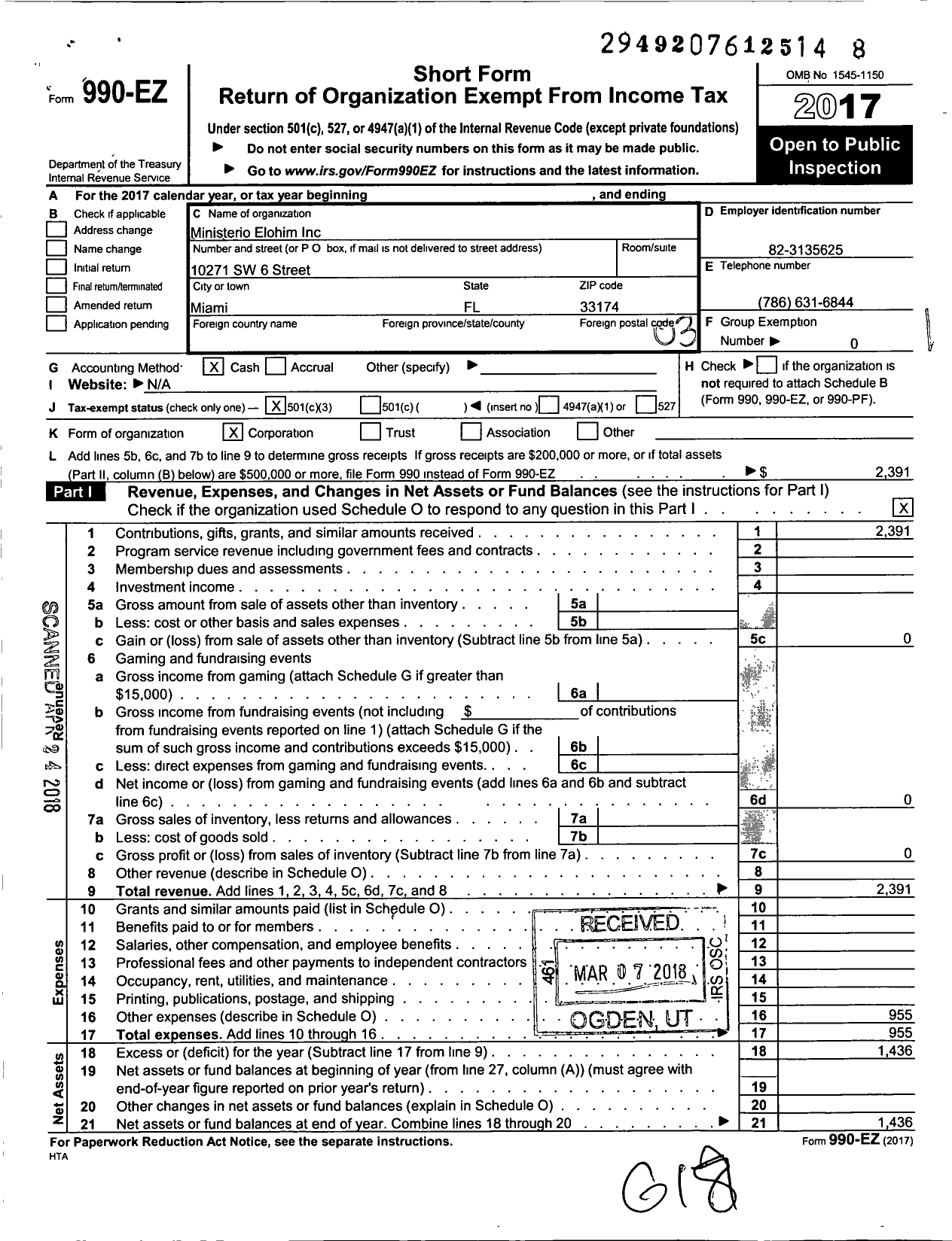 Image of first page of 2017 Form 990EZ for Ministerio Elohim