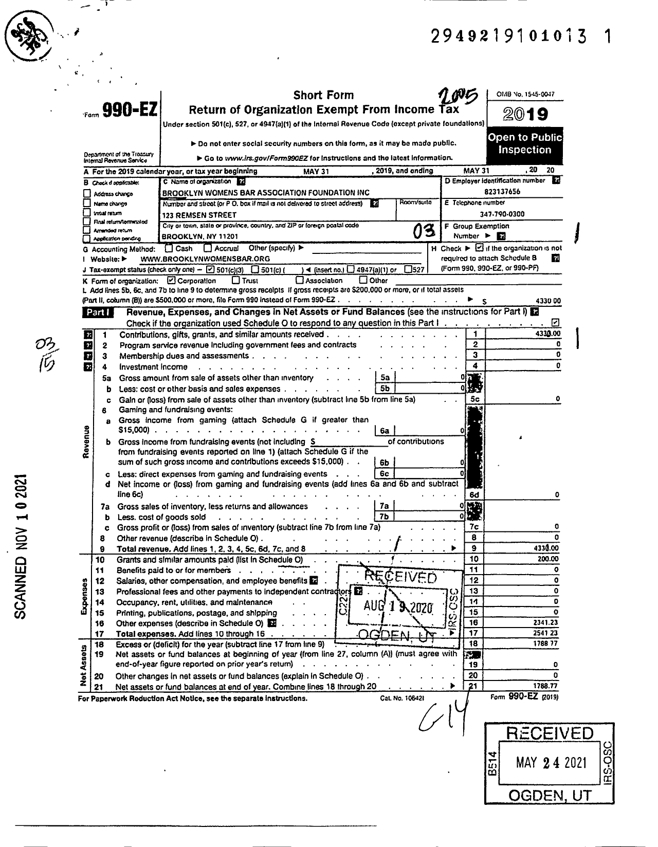 Image of first page of 2019 Form 990EZ for Brooklyn Womens Bar Association Foundation