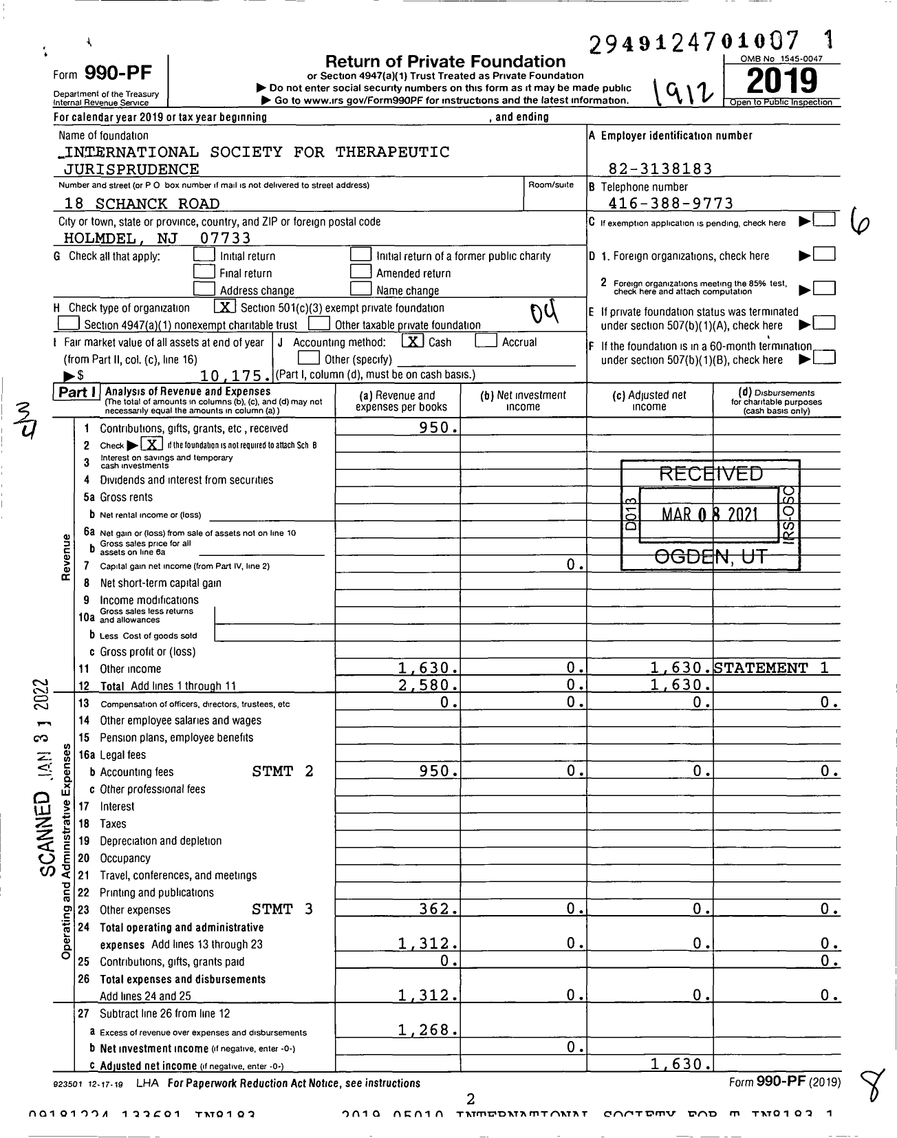 Image of first page of 2019 Form 990PF for International Society for Therapeutic Jurisprudence