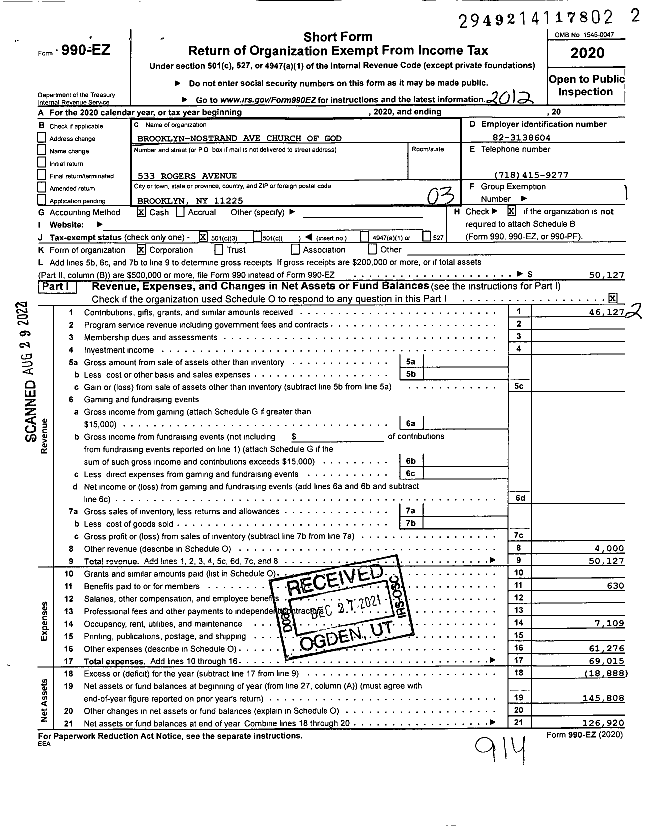 Image of first page of 2020 Form 990EZ for Rogers Avenue Church of God - 8472