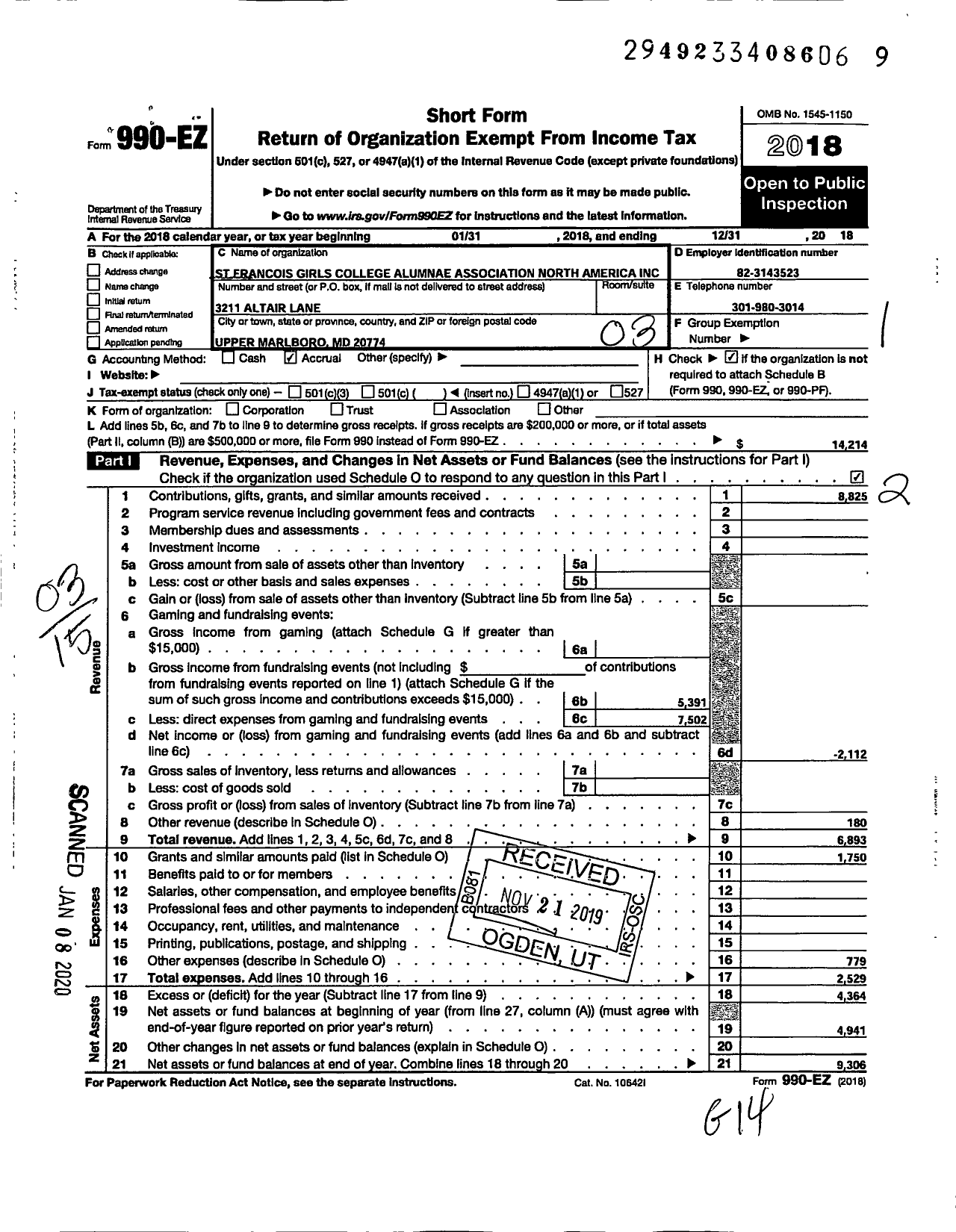 Image of first page of 2018 Form 990EZ for St Francois Girls College Alumnae Association North America