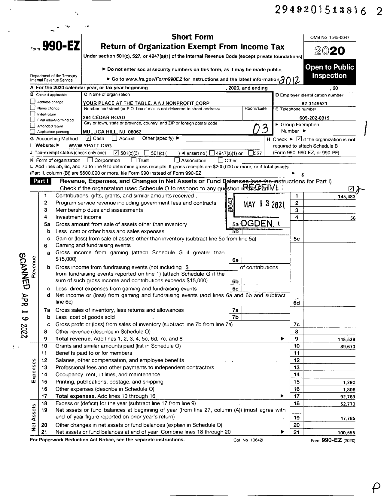 Image of first page of 2020 Form 990EZ for Your Place at the Table A NJ Non PR
