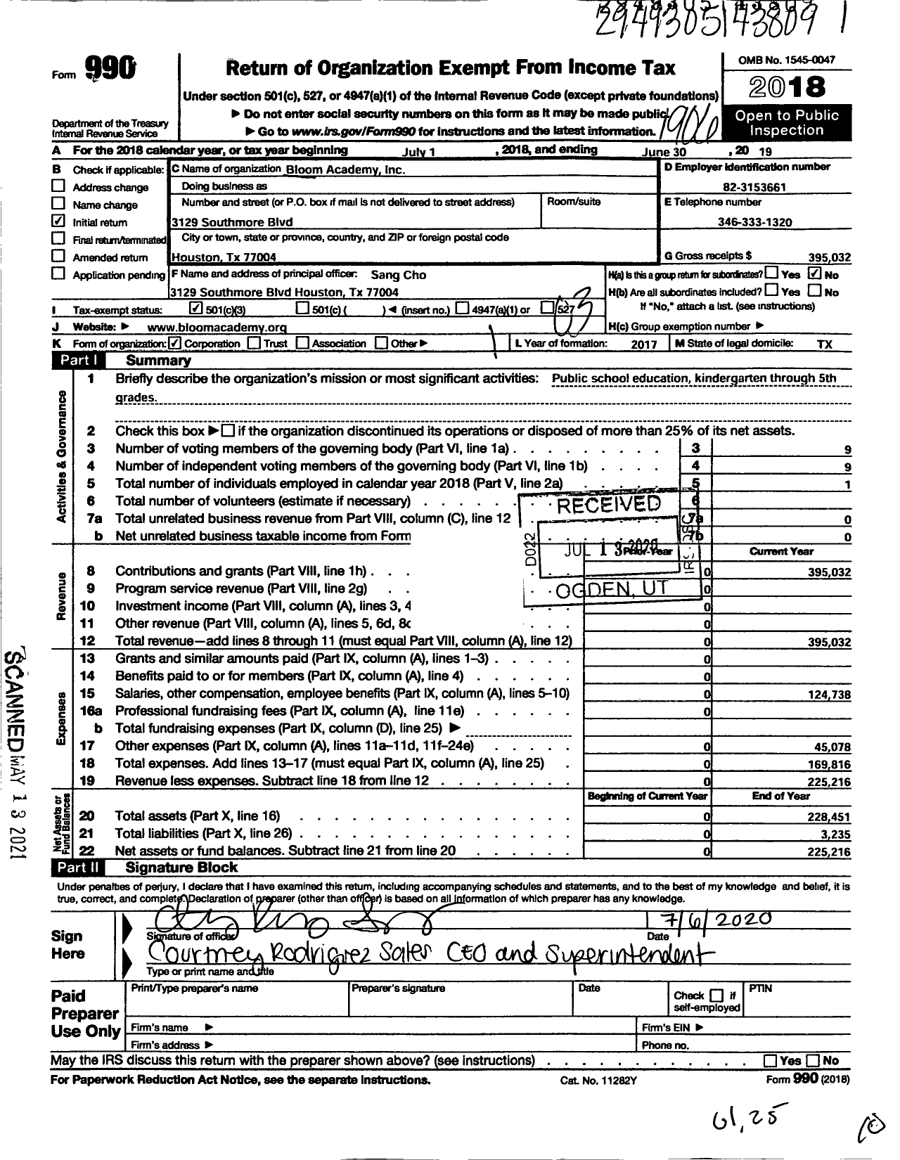 Image of first page of 2018 Form 990 for Bloom Academy