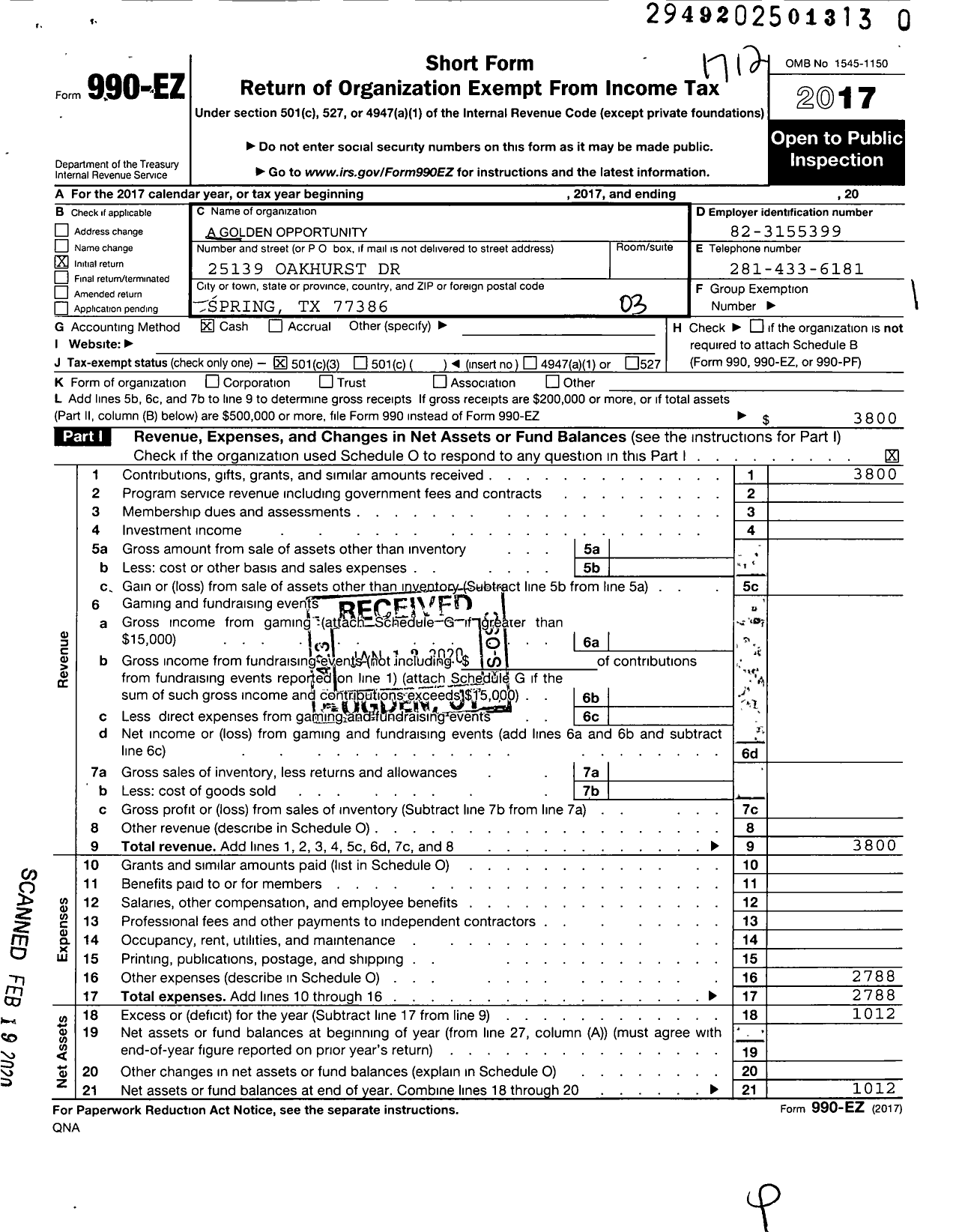 Image of first page of 2017 Form 990EZ for A Golden Opportunity