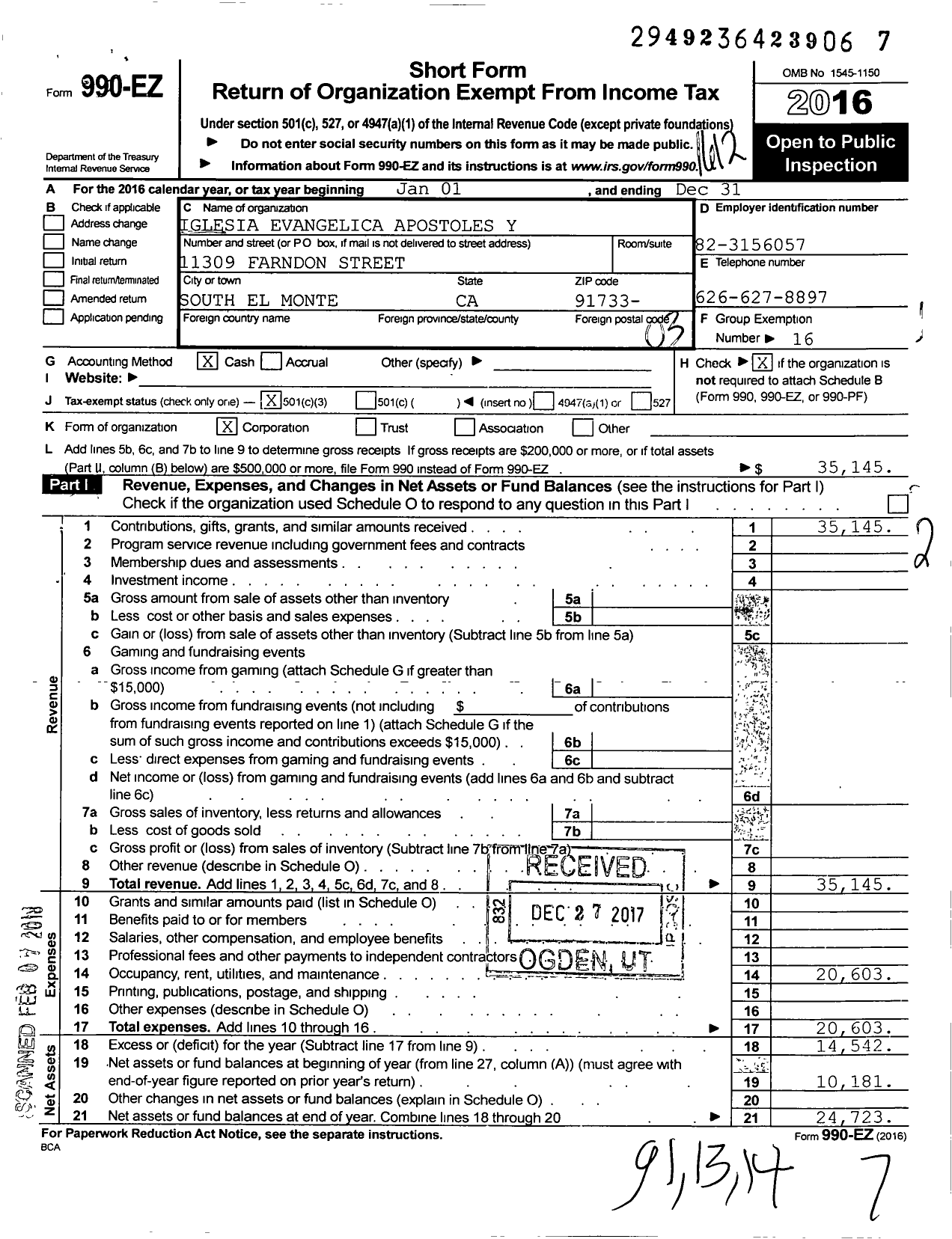 Image of first page of 2016 Form 990EZ for Iglesia Evangelica Apostoles Y