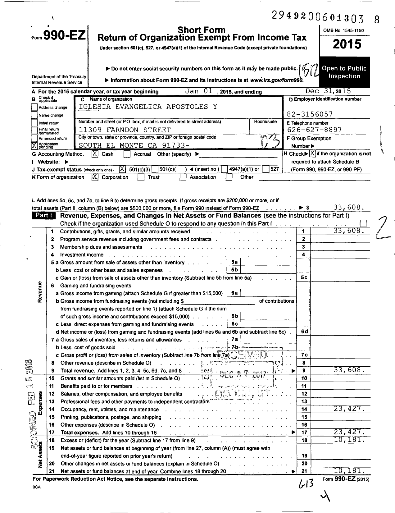 Image of first page of 2015 Form 990EZ for Iglesia Evangelica Apostoles Y