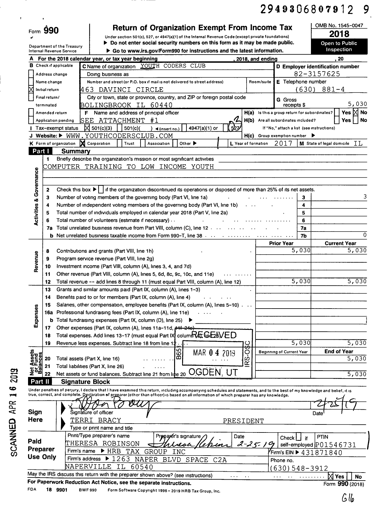 Image of first page of 2018 Form 990 for Youth Coders Club