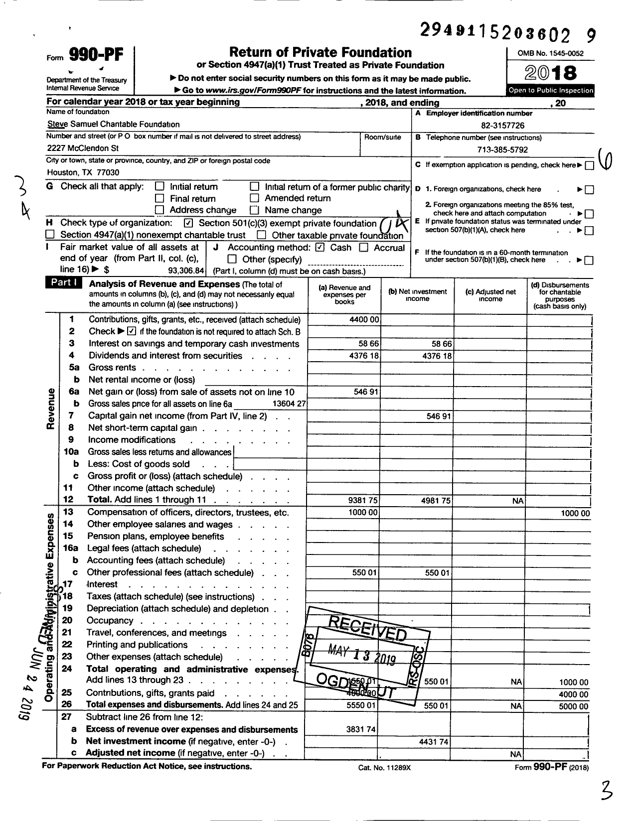 Image of first page of 2018 Form 990PF for Steve Samuel Charitable Foundation