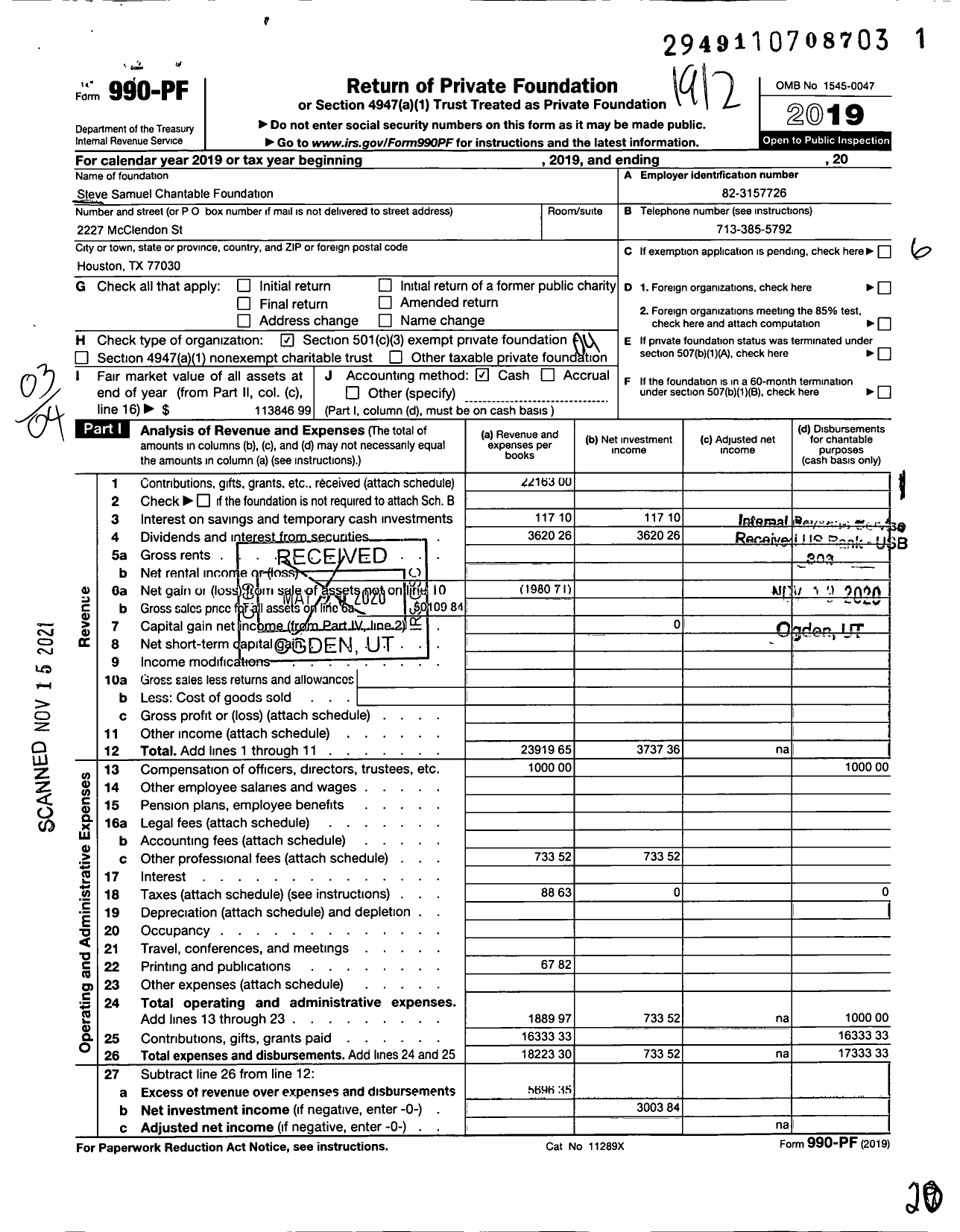 Image of first page of 2019 Form 990PF for Steve Samuel Charitable Foundation