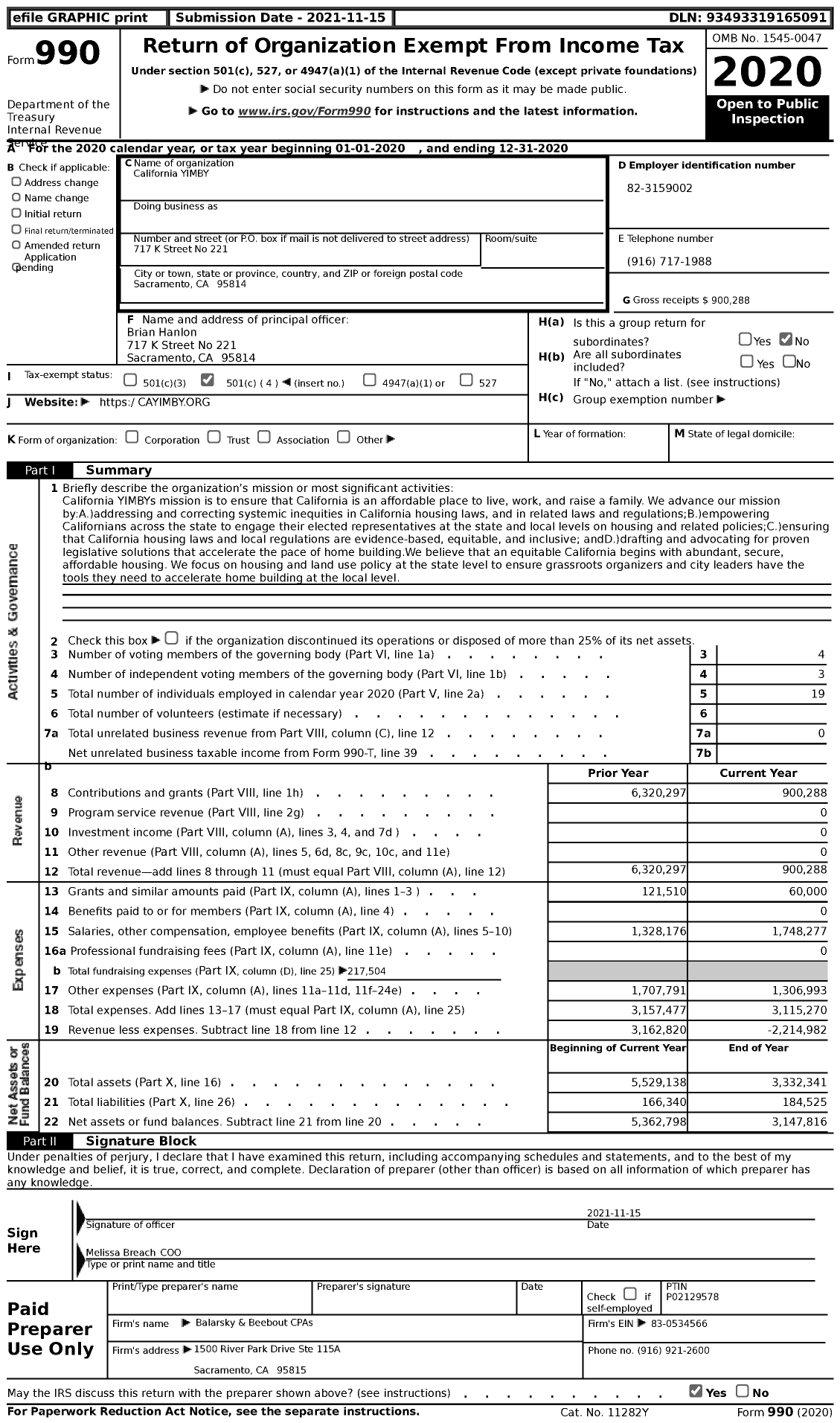 Image of first page of 2020 Form 990 for California YIMBY