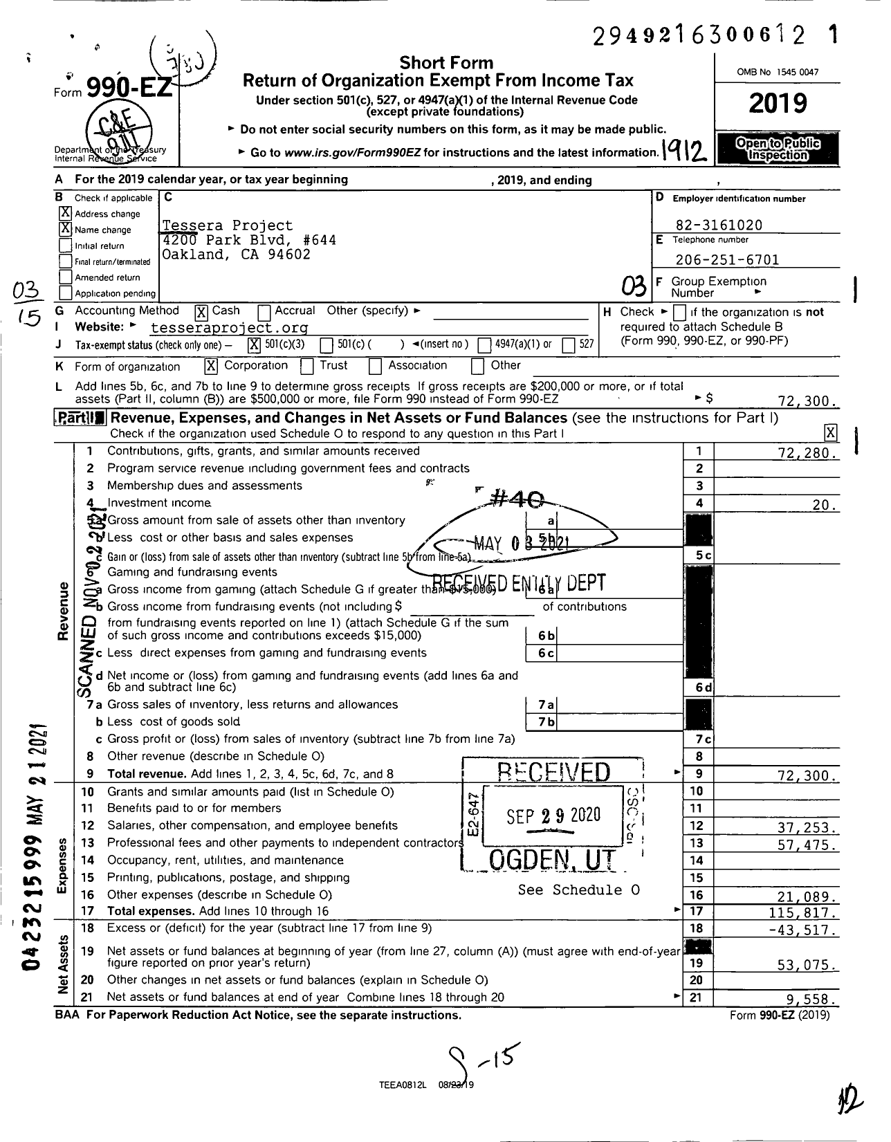 Image of first page of 2019 Form 990EZ for Tessera Project