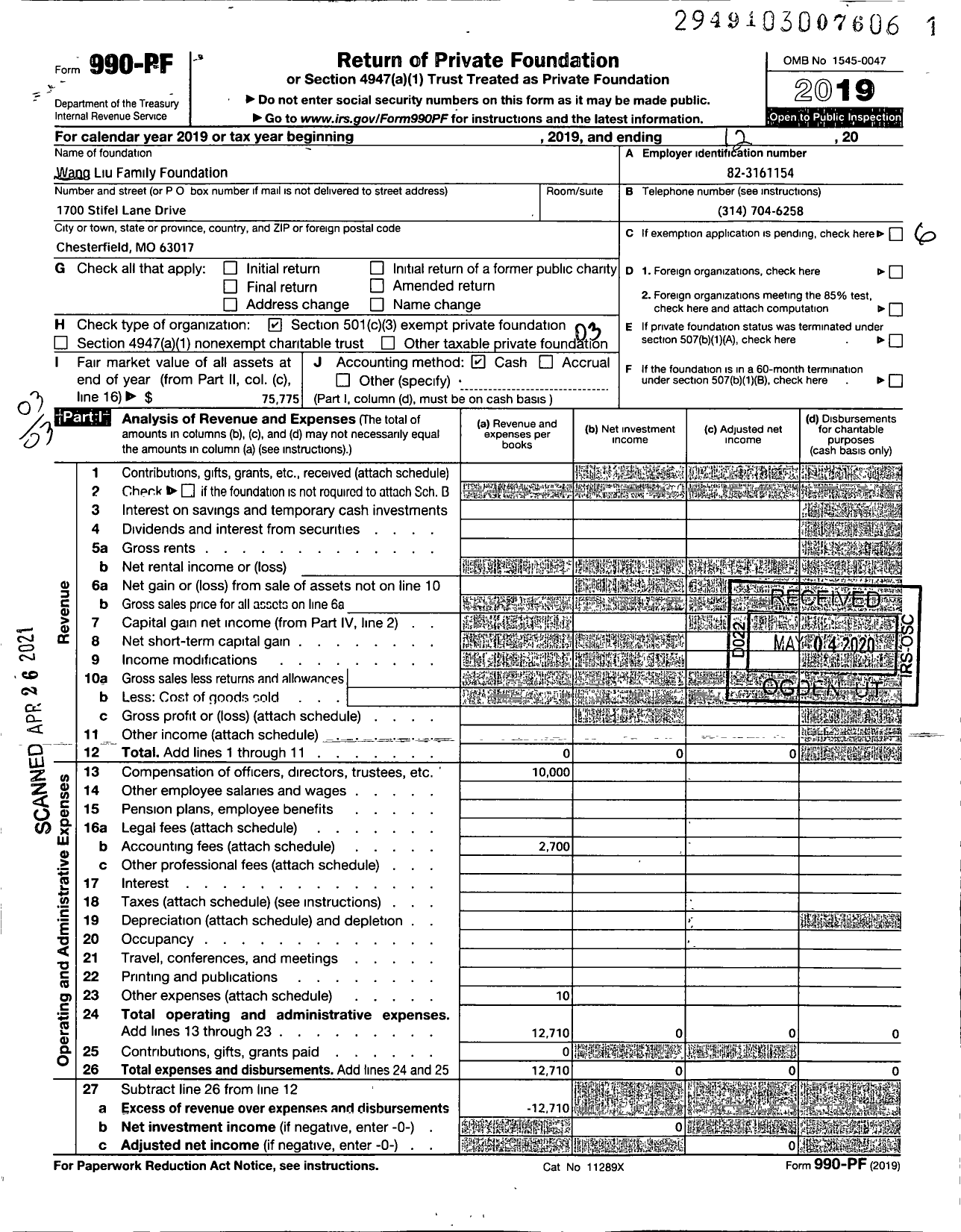 Image of first page of 2019 Form 990PF for Wang Liu Family Foundation