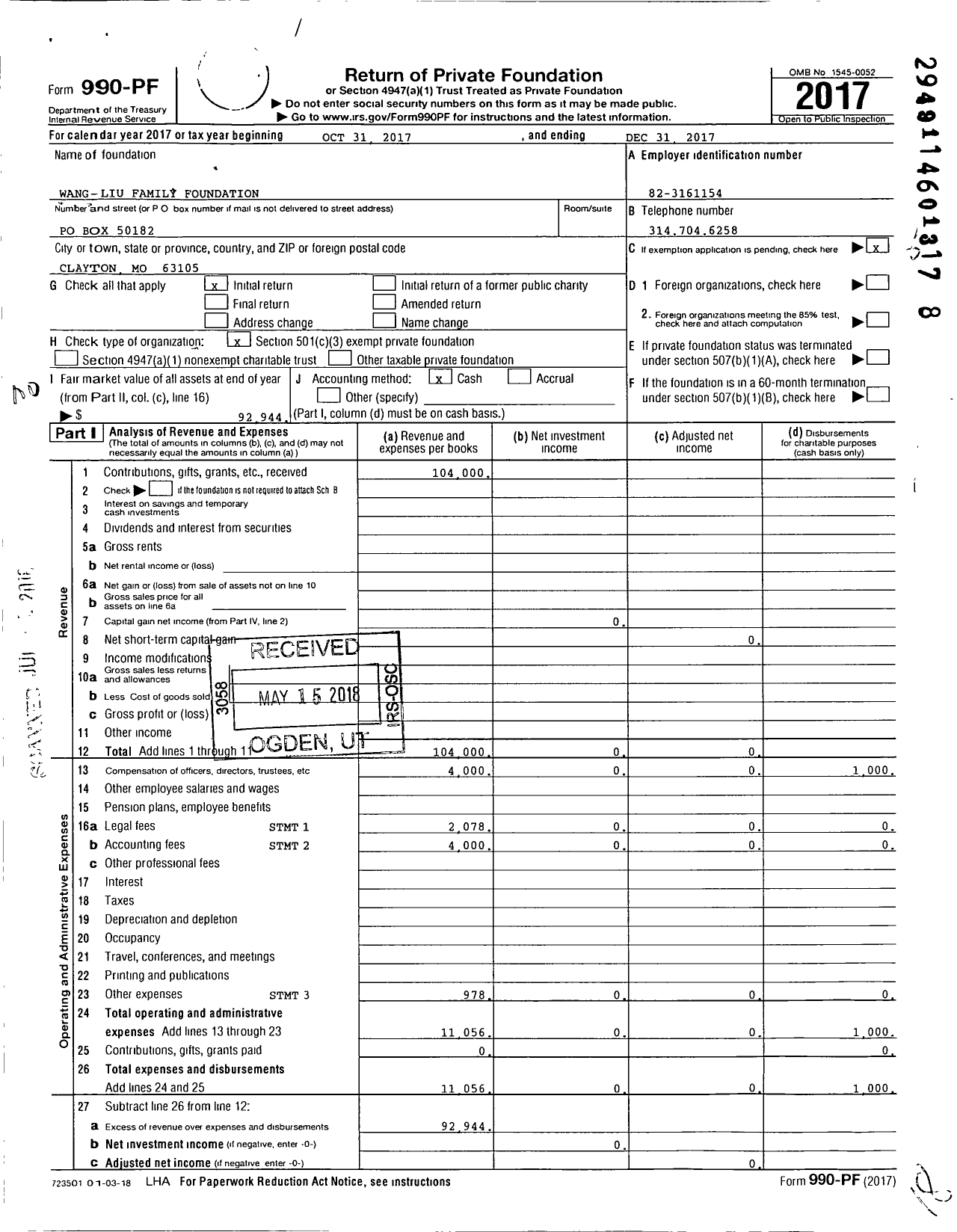 Image of first page of 2017 Form 990PF for Wang Liu Family Foundation