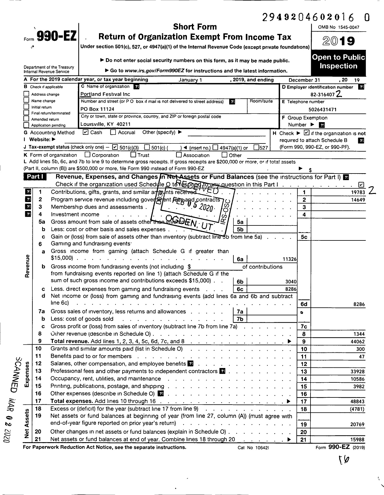 Image of first page of 2019 Form 990EZ for Portland Festival