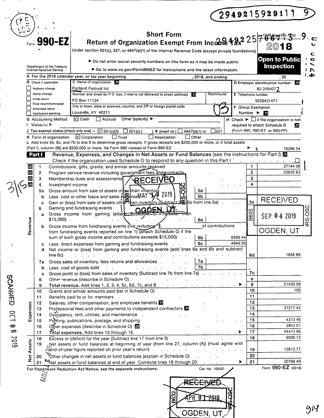 Image of first page of 2018 Form 990EZ for Portland Festival