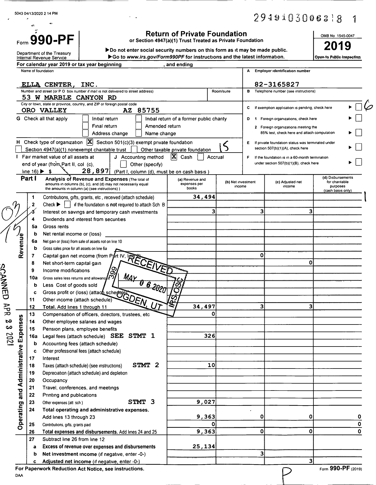 Image of first page of 2019 Form 990PF for Ella Center