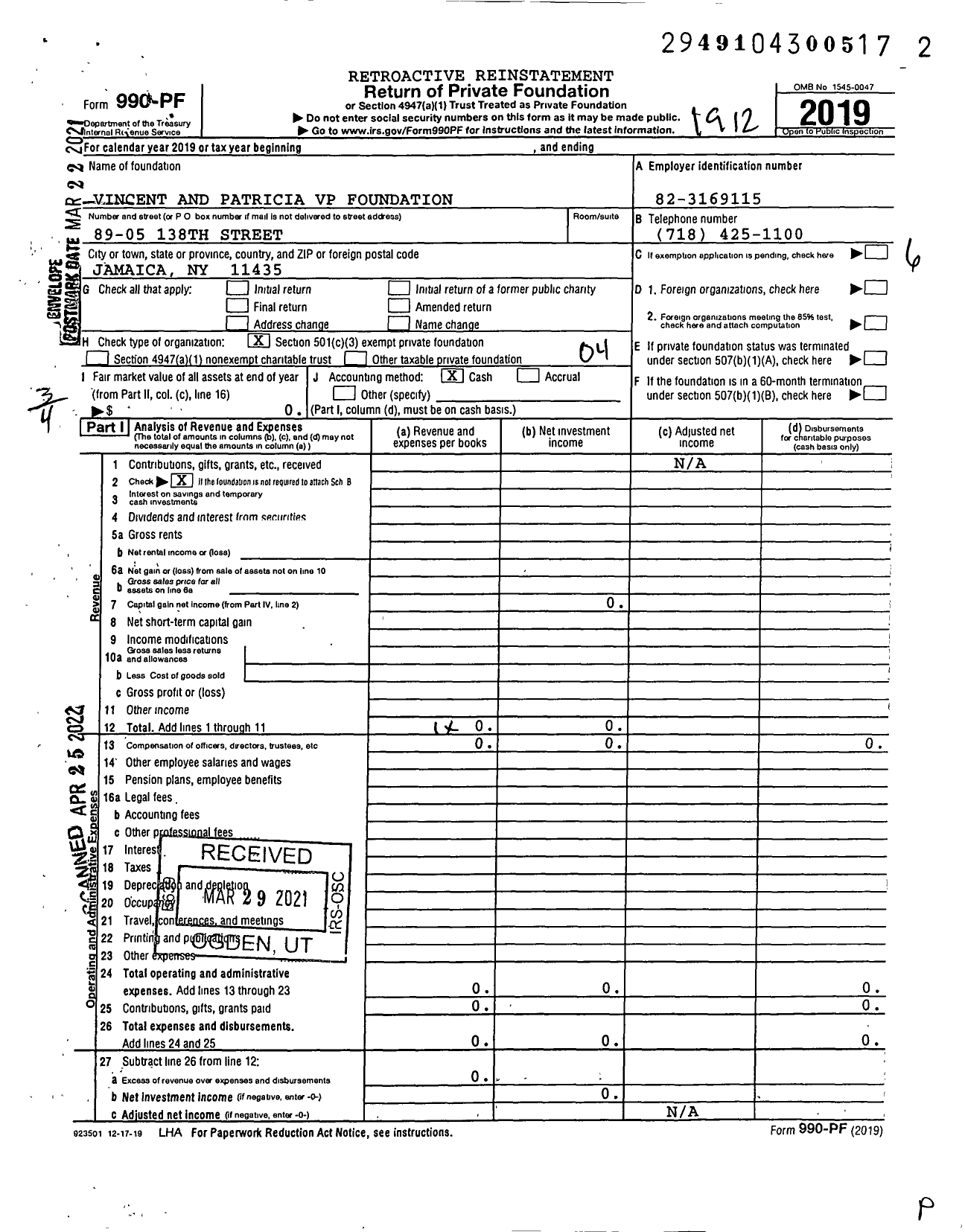 Image of first page of 2019 Form 990PF for Vincent and Patricia VP Foundation