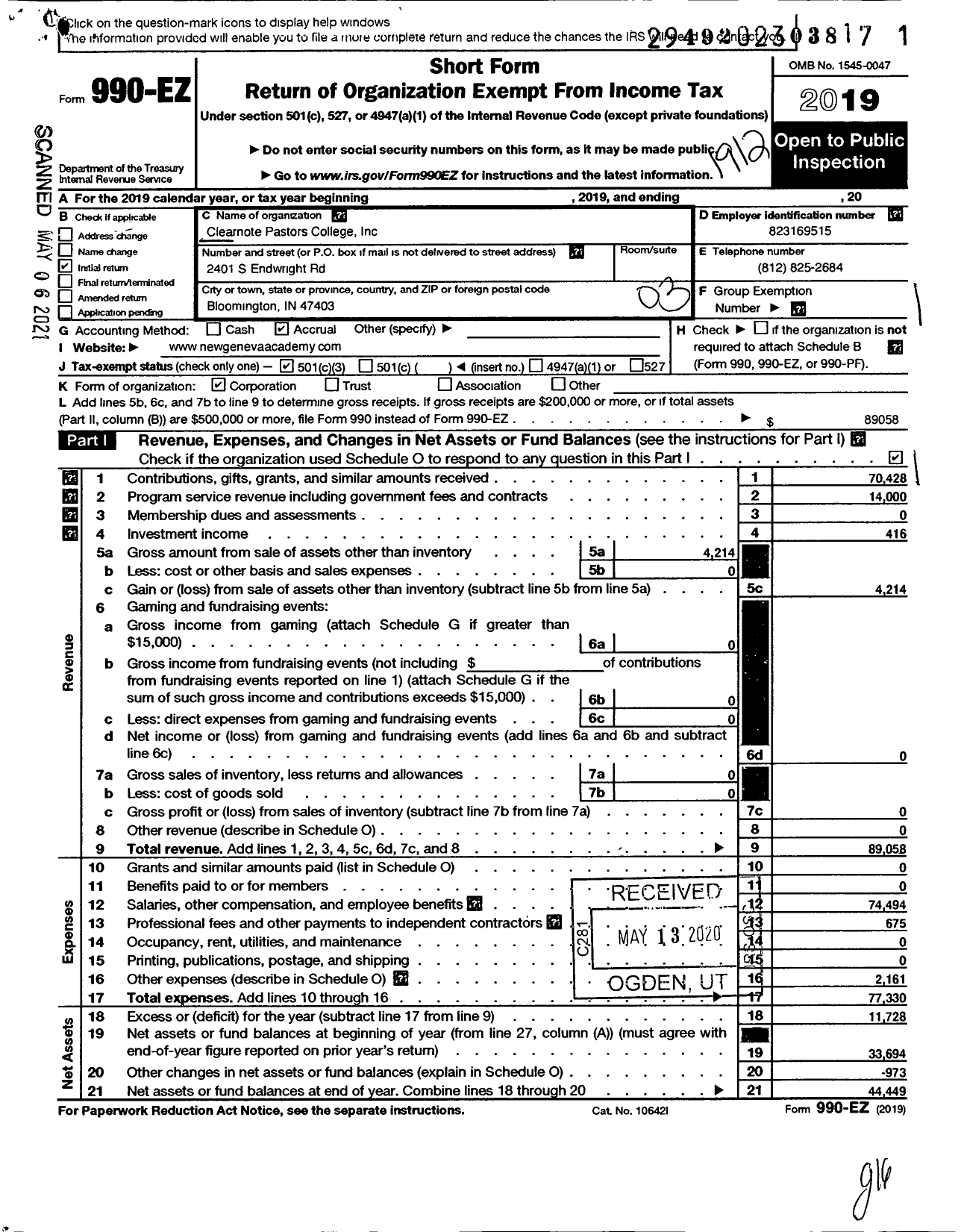 Image of first page of 2019 Form 990EZ for New Geneva Academy