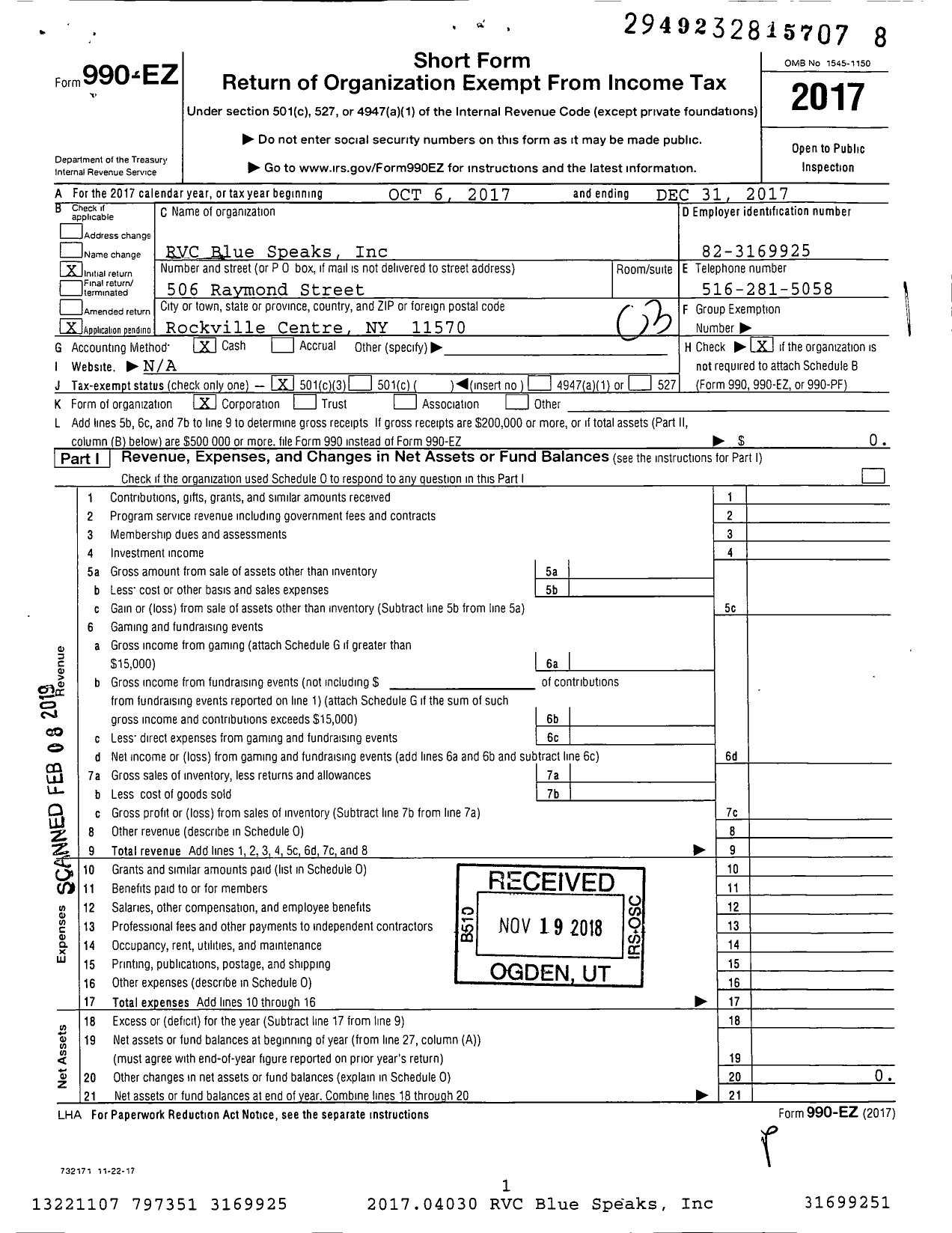 Image of first page of 2017 Form 990EZ for RVC Blue Speaks