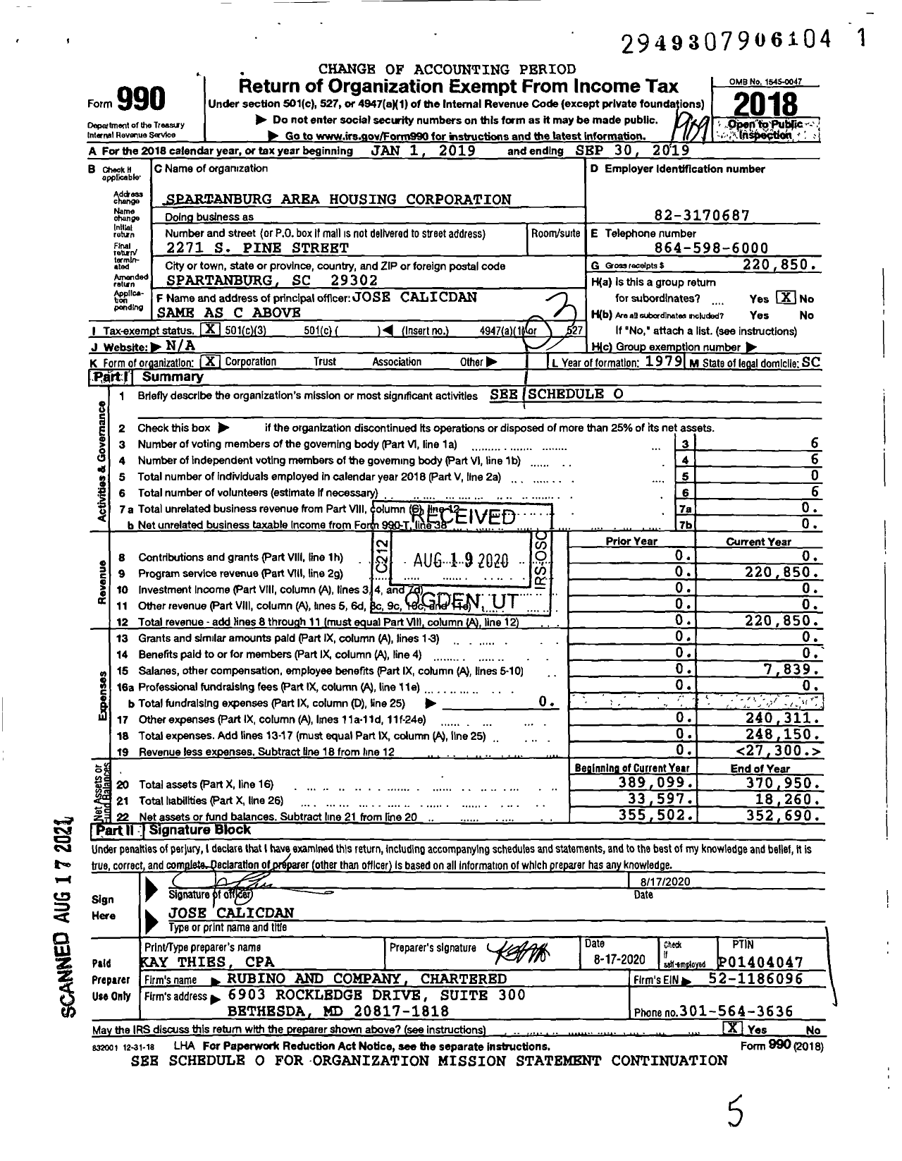 Image of first page of 2018 Form 990 for Spartanburg Area Housing Corporation