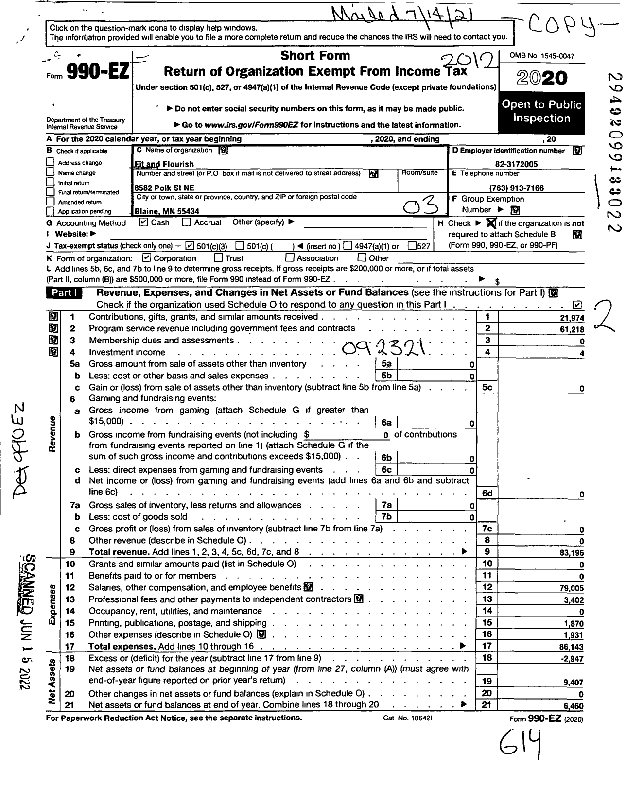 Image of first page of 2020 Form 990EZ for Fit and Flourish