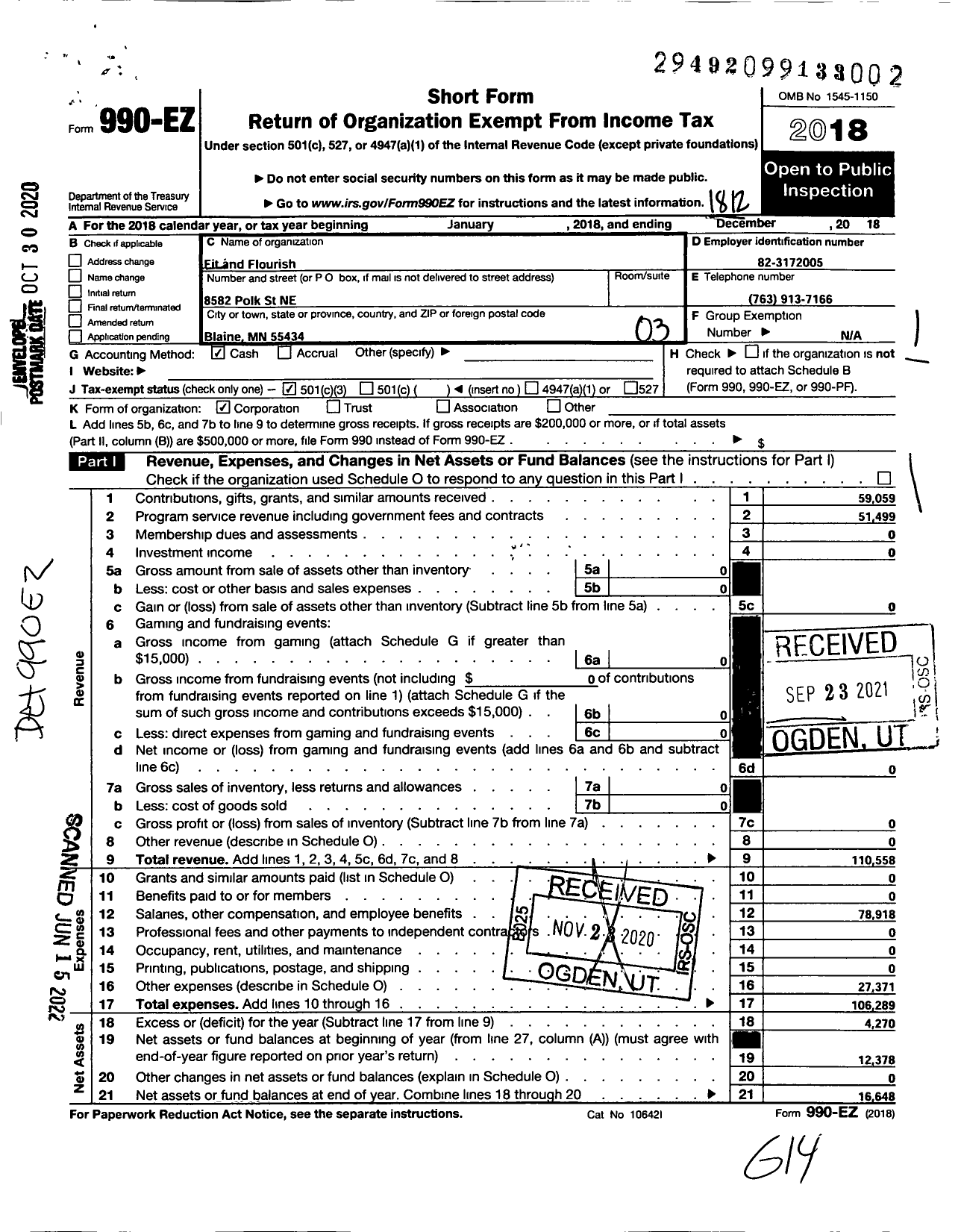 Image of first page of 2018 Form 990EZ for Fit and Flourish