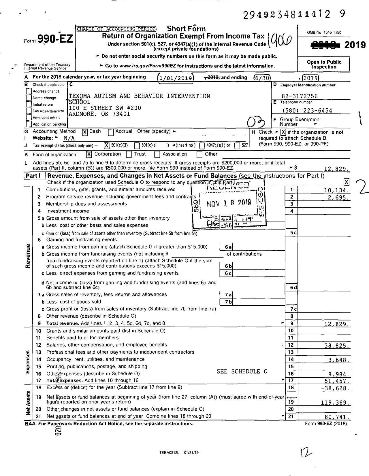 Image of first page of 2018 Form 990EZ for Texoma Autism and Behavior Intervention School