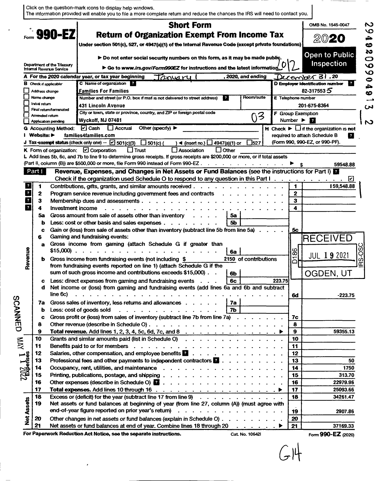 Image of first page of 2020 Form 990EZ for Families for Families