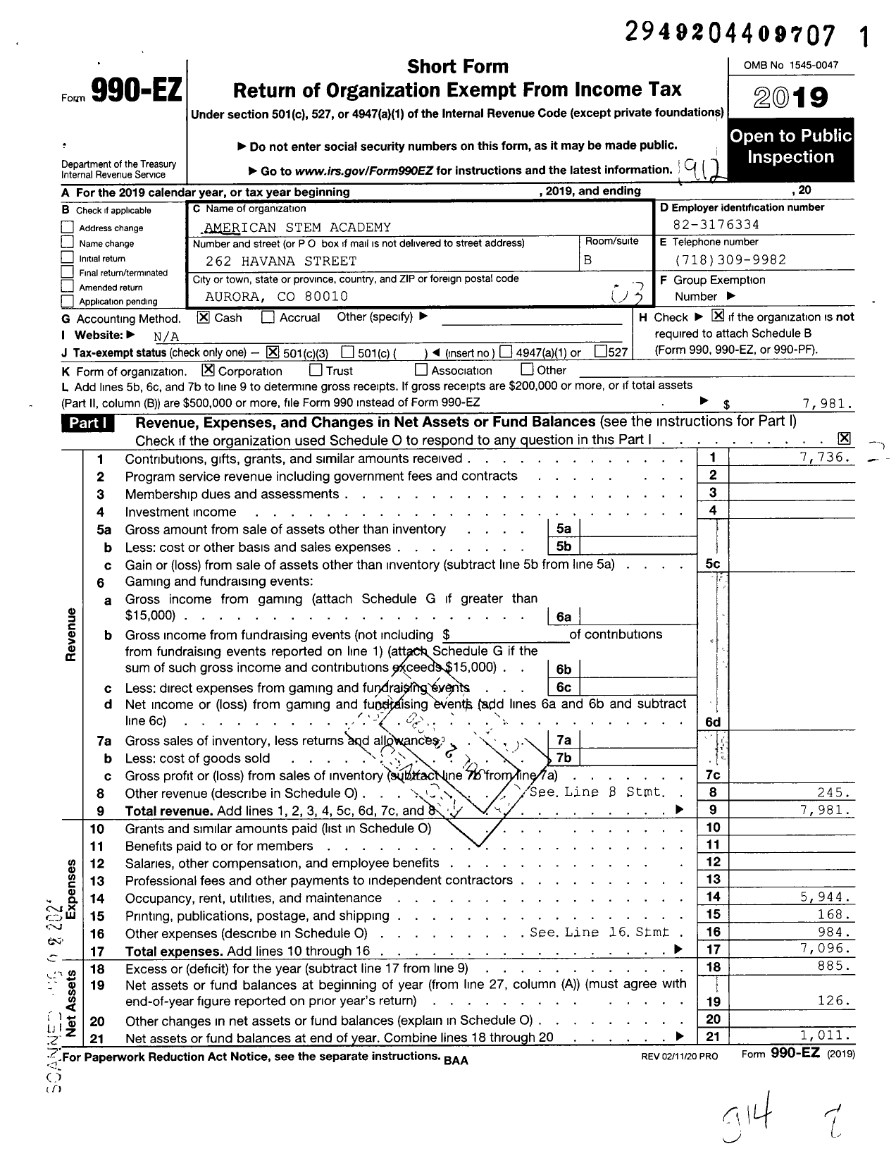 Image of first page of 2019 Form 990EZ for American Stem Academy