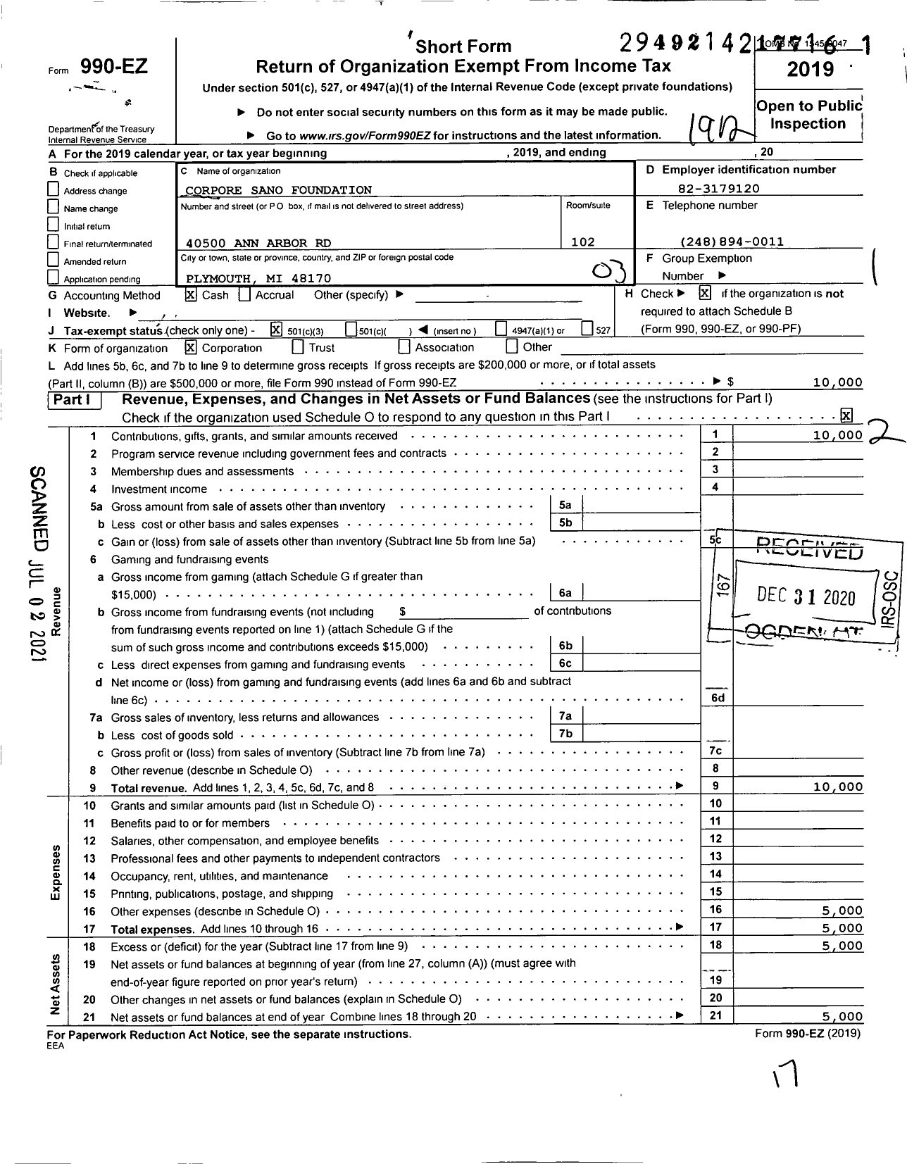 Image of first page of 2019 Form 990EZ for Corpore Sano Foundation